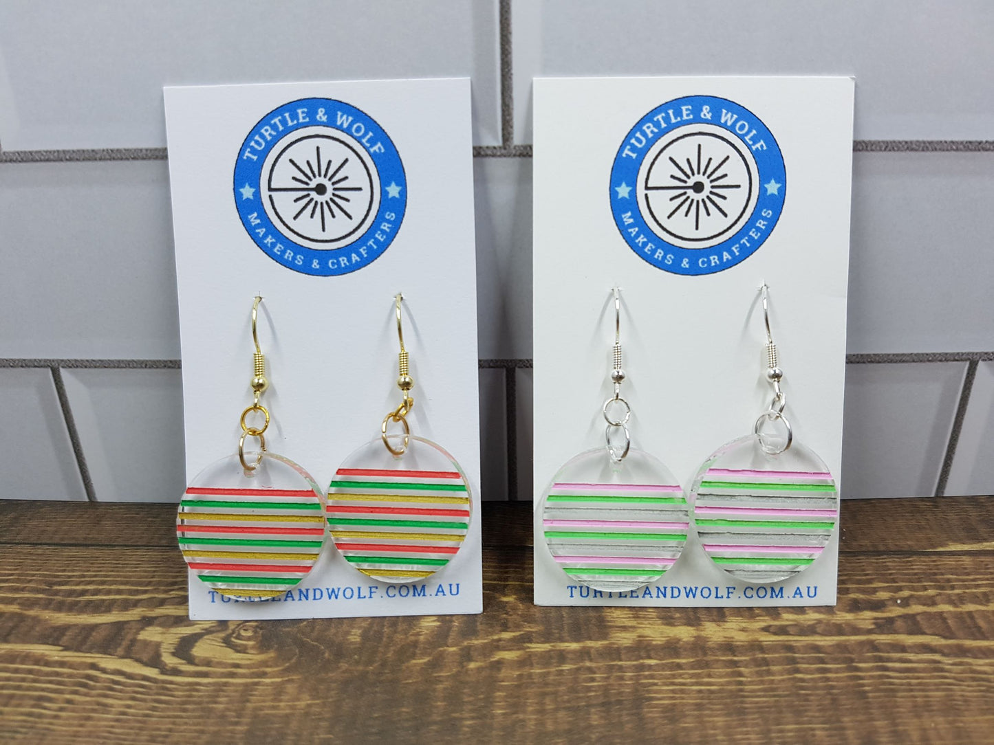 Clear Acrylic laser etched and cut circular earrings with 3 colours hand painted stripes