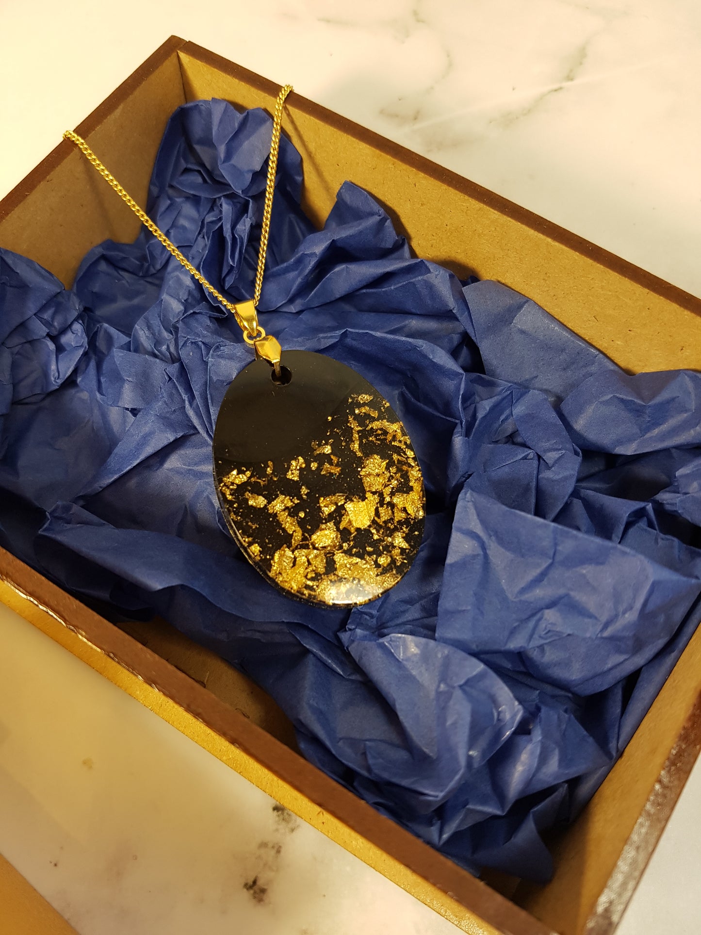 Black and Gold Resin Necklace and Earrings - Gift Set