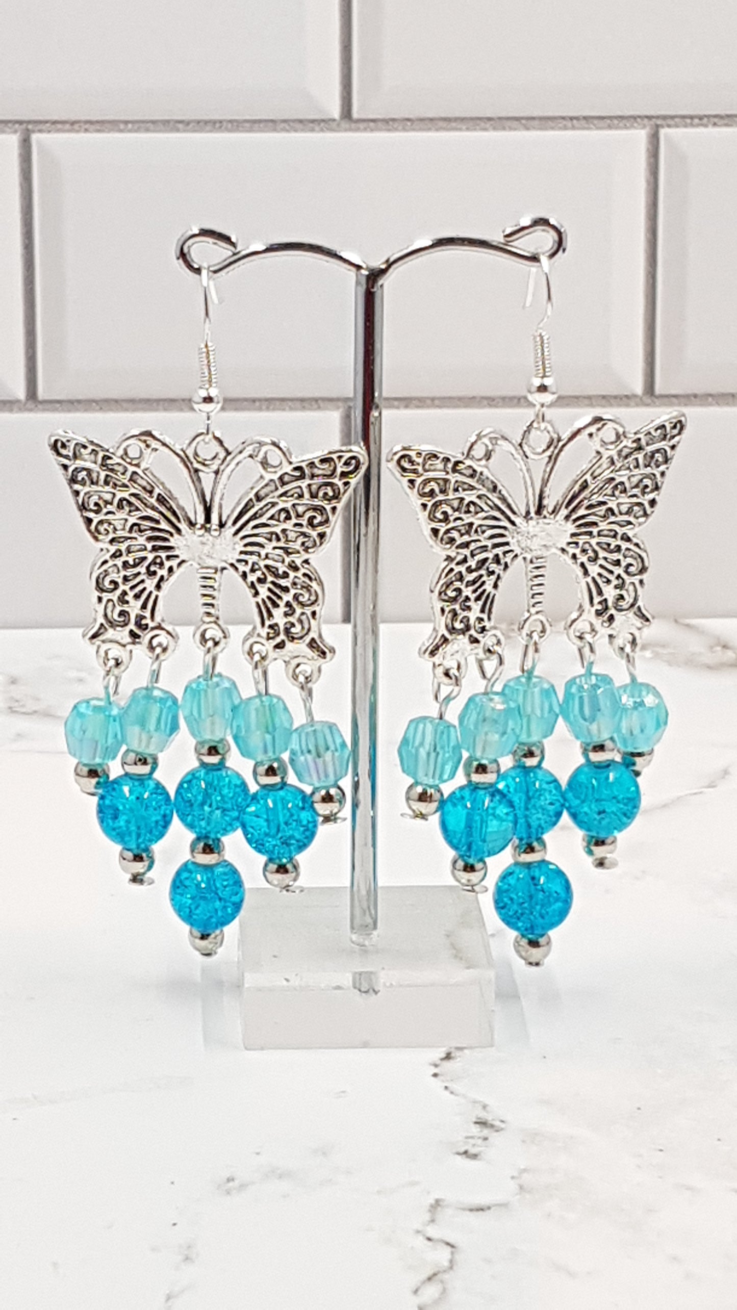 Chic Metal Butterfly Earrings with Ombre Beads in Pink or Turquoise - Elegant Statement Jewellery