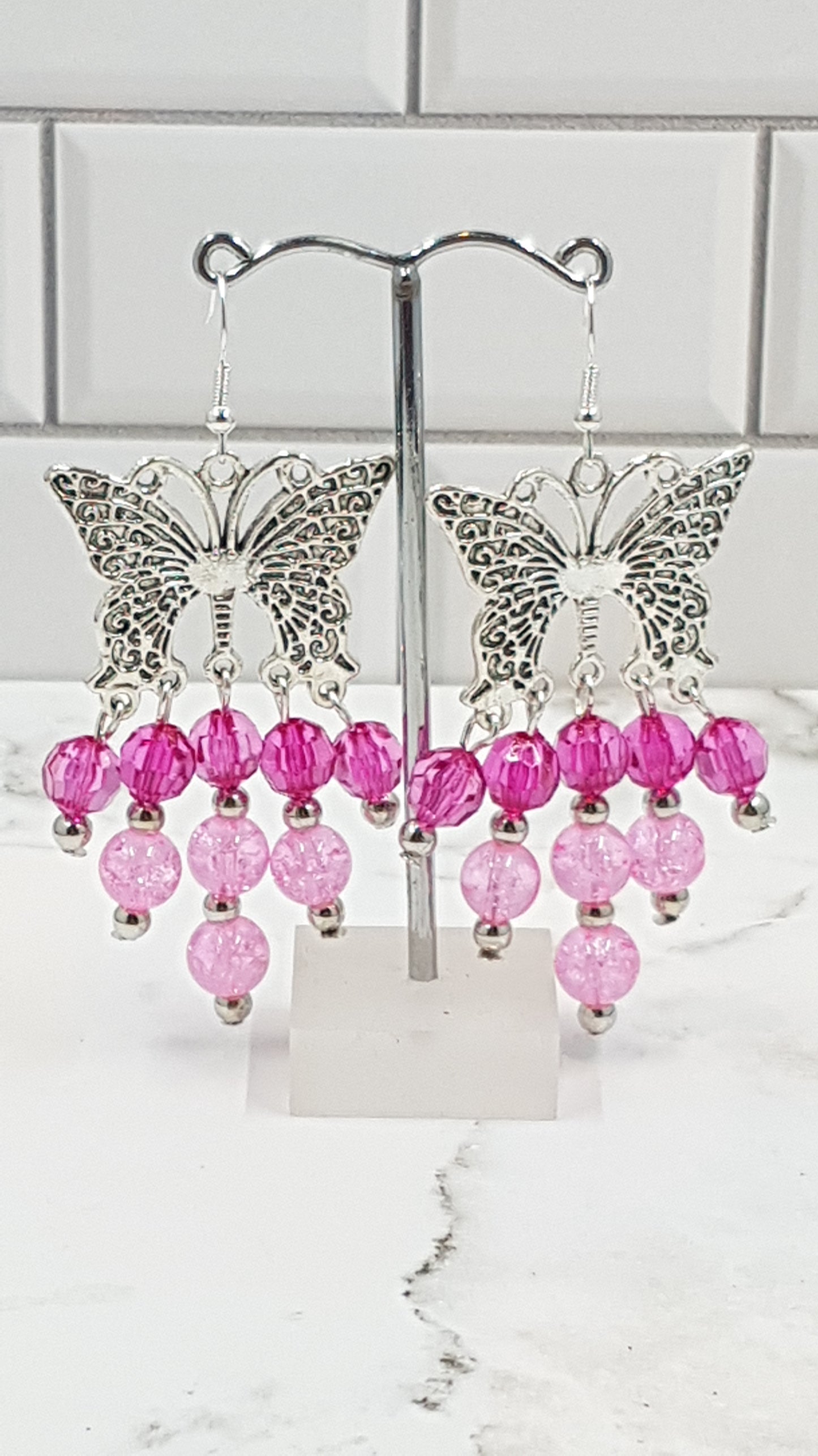 Chic Metal Butterfly Earrings with Ombre Beads in Pink or Turquoise - Elegant Statement Jewellery