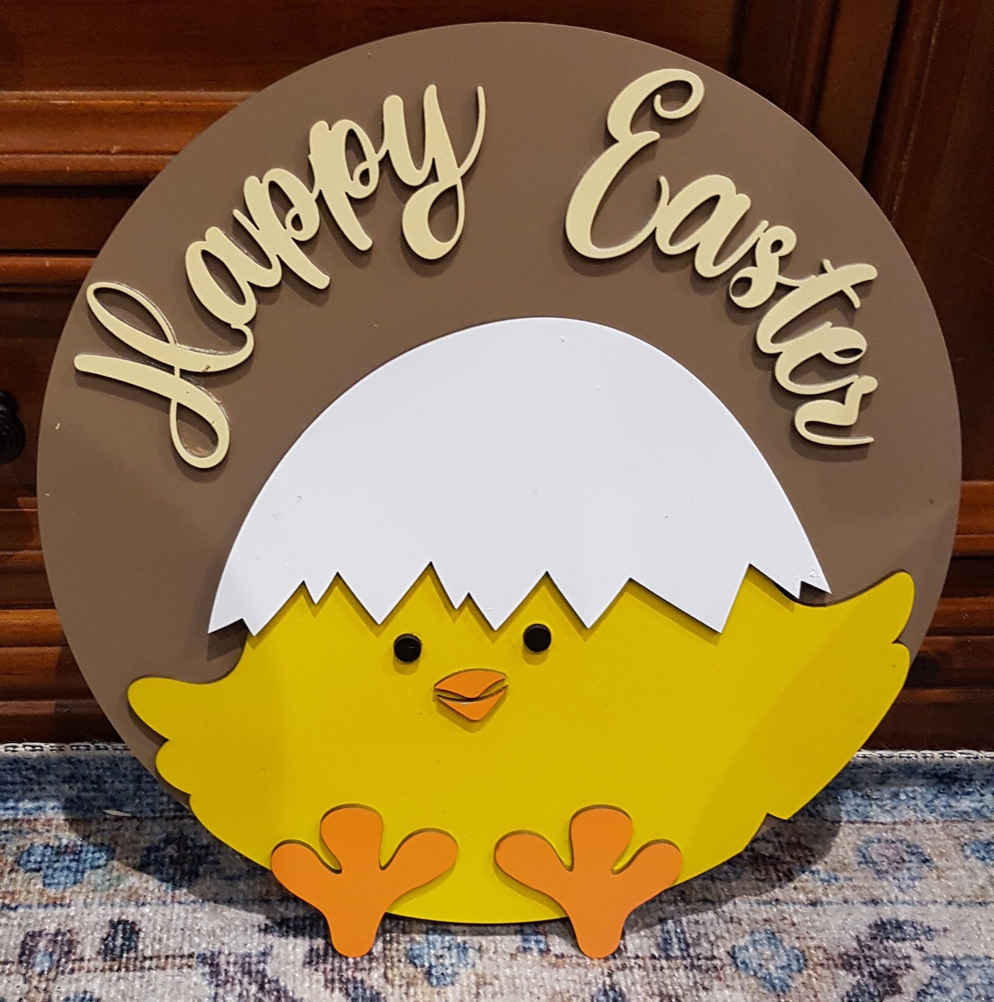 Round Happy Easter Sign - Coffee Background - Yellow Chick Design 30cm x 30cm