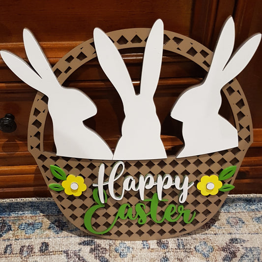 Happy Easter Sign - 3 White Bunnies in Basket Design - 30cm x 32cm