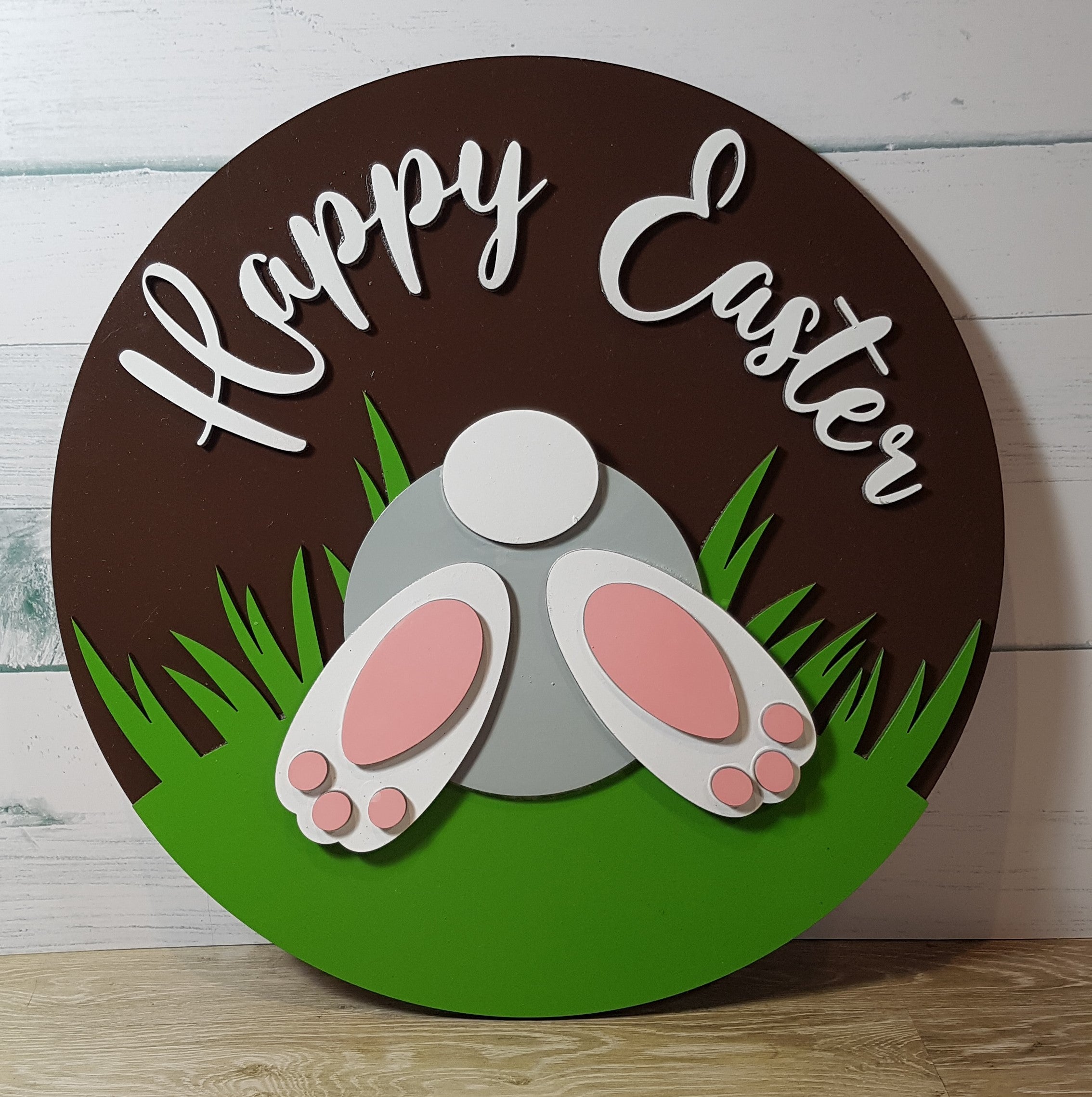 Easter Rabbit Round Round Happy Easter Sign - Dark Brown Background - Grey Bunny Design ...