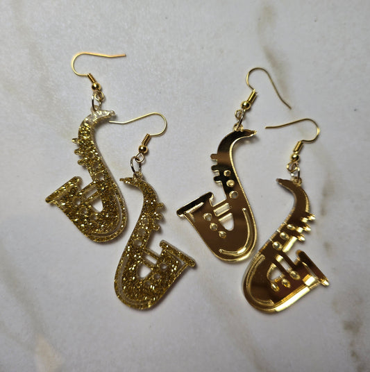 Jazz-Inspired Saxophone Earrings – Gold Mirror or Glitter Acrylic, Laser-Cut with Gold Shepherd Hook