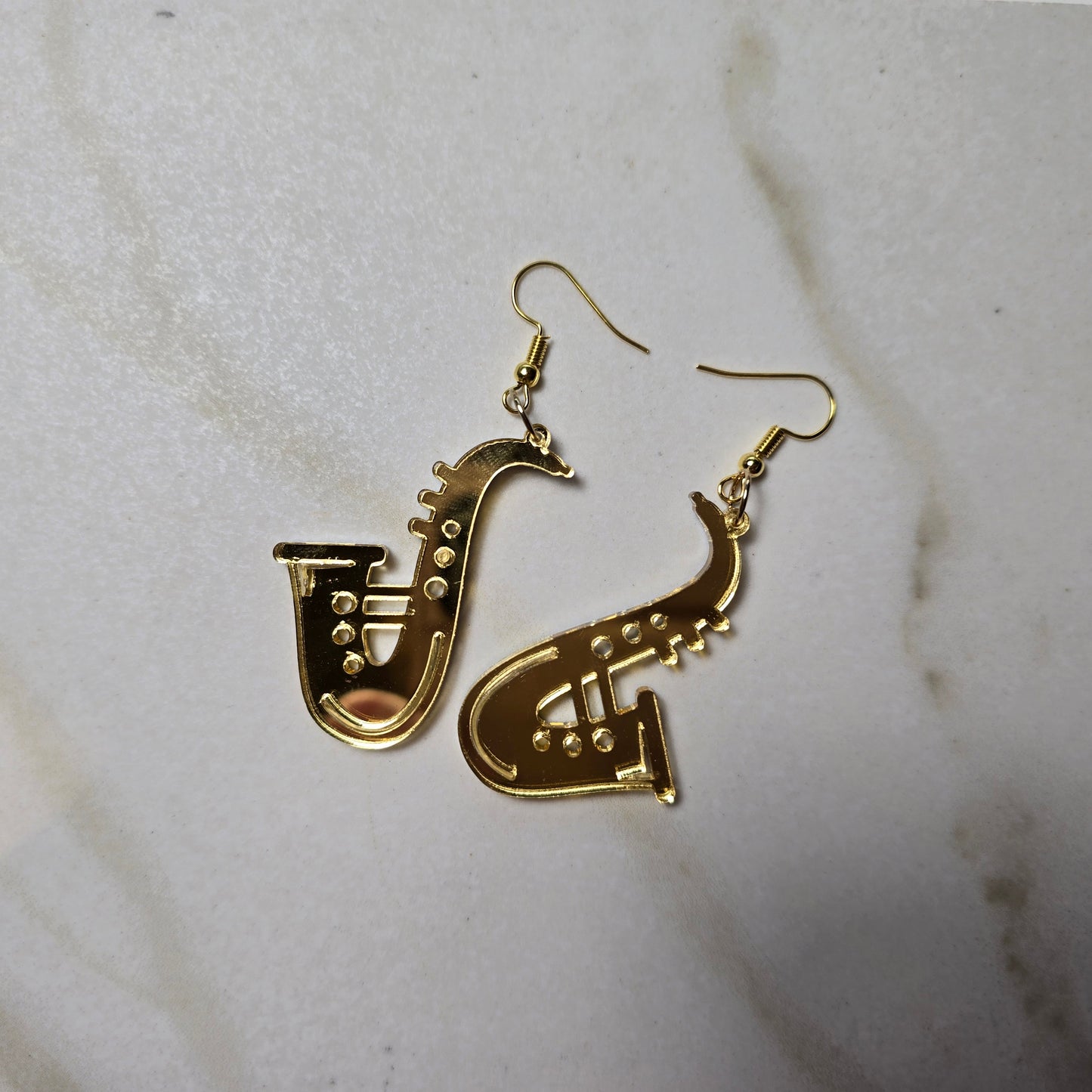 Jazz-Inspired Saxophone Earrings – Gold Mirror or Glitter Acrylic, Laser-Cut with Gold Shepherd Hook