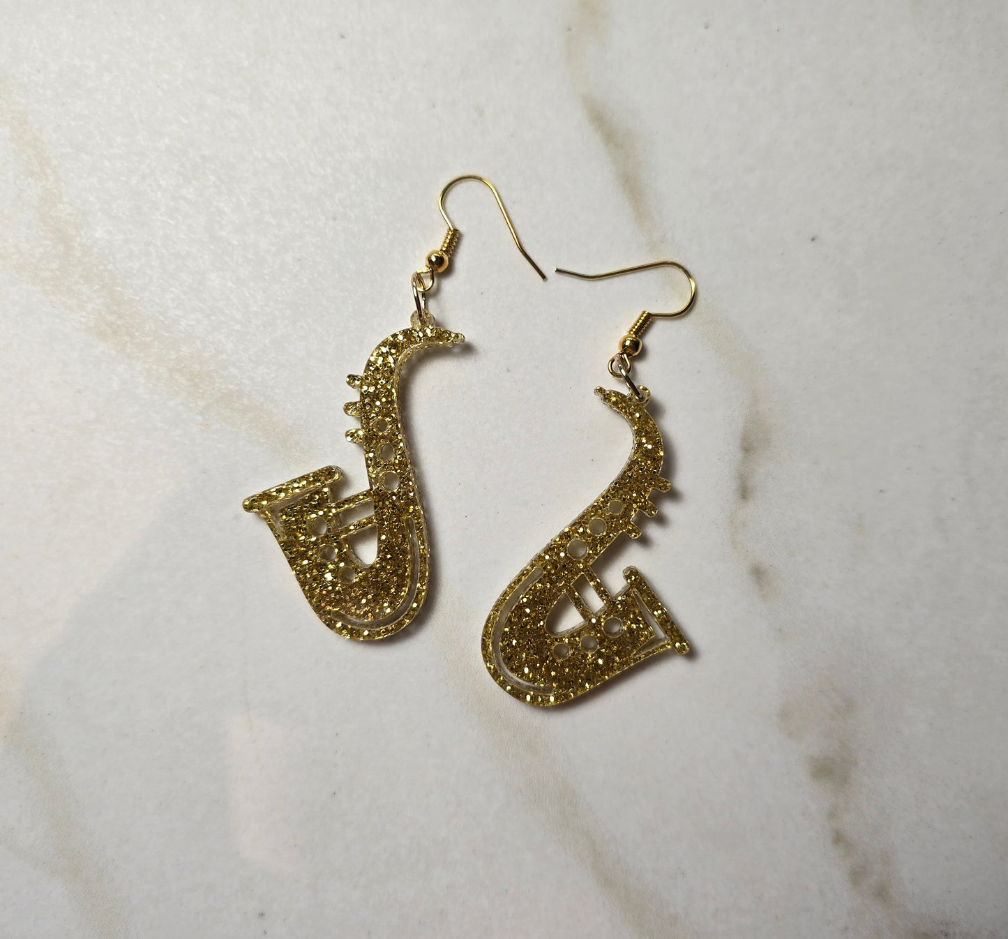 Jazz-Inspired Saxophone Earrings – Gold Mirror or Glitter Acrylic, Laser-Cut with Gold Shepherd Hook