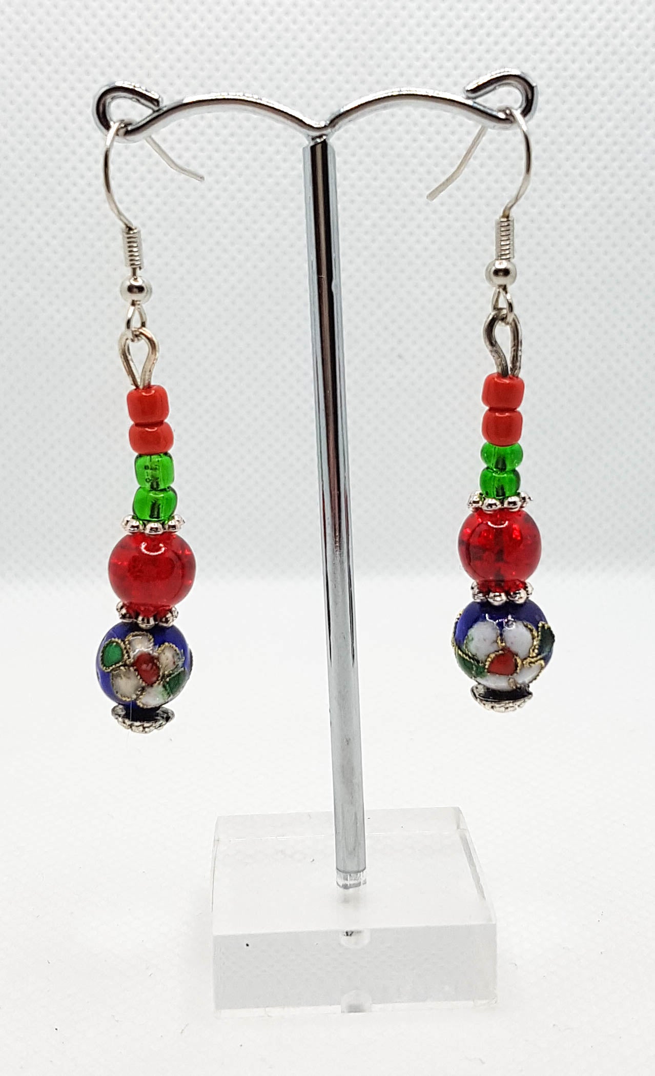 Blue Cloisonne Beaded Dangle Earrings with red  and green complimentry beads