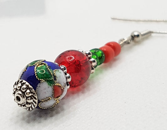 Blue Cloisonne Beaded Dangle Earrings with red  and green complimentry beads