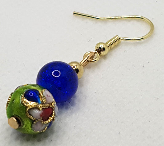 Green Cloisonne Beaded Short Dangle Earrings with blue complimentry beads