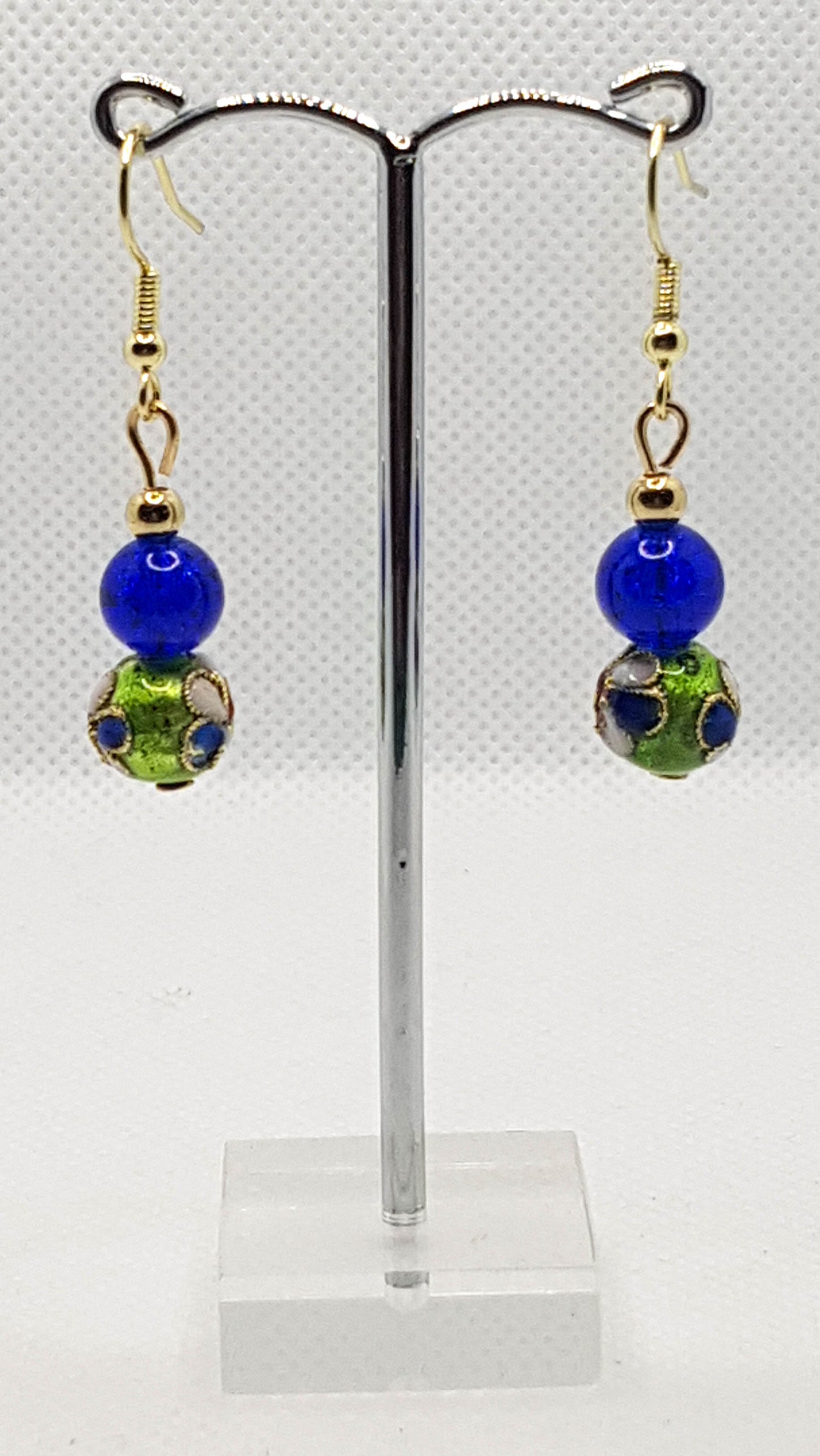 Green Cloisonne Beaded Short Dangle Earrings with blue complimentry beads