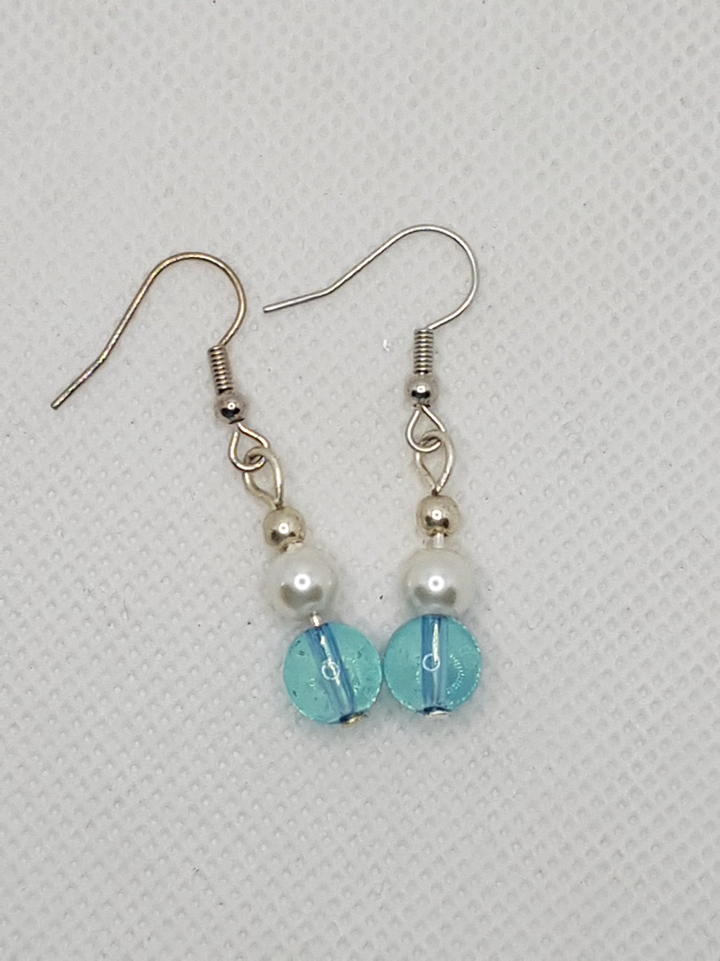 Small Natural White Pearl and Baby Blue Glass bead Drop Dangle Earrings