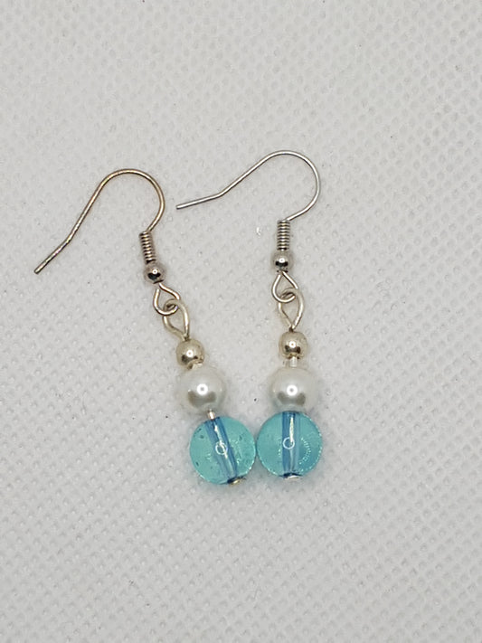 Small Natural White Pearl and Baby Blue Glass bead Drop Dangle Earrings