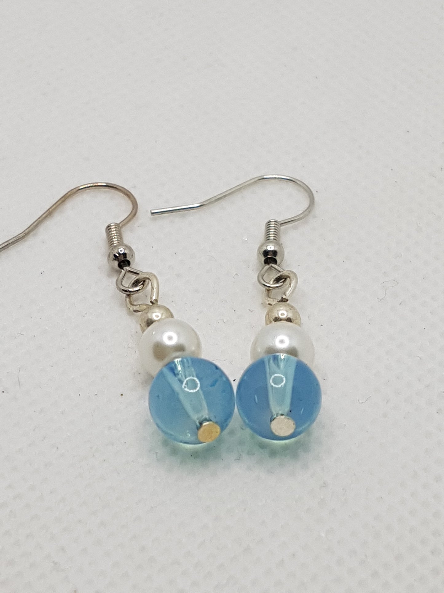 Small Natural White Pearl and Baby Blue Glass bead Drop Dangle Earrings