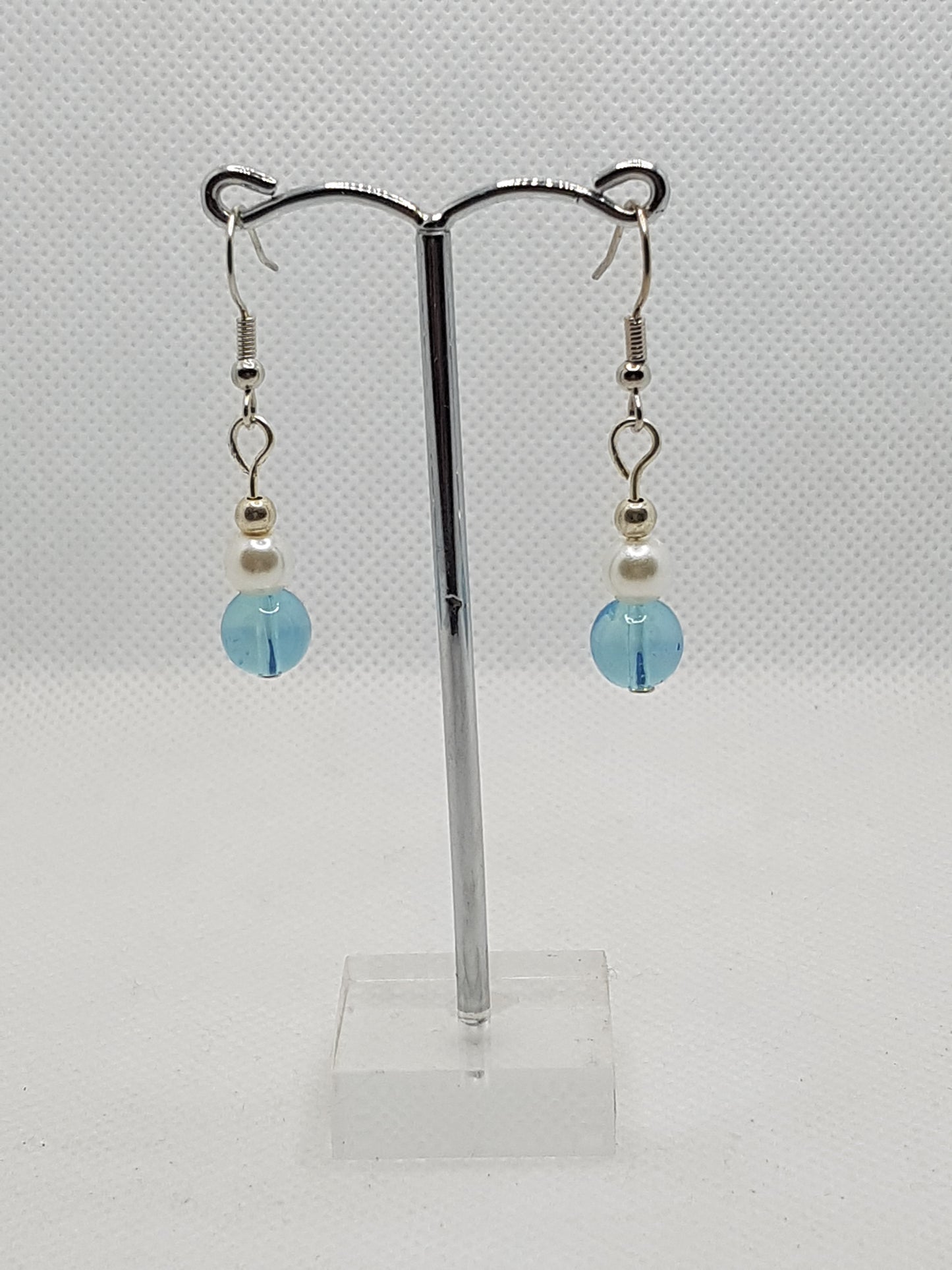 Small Natural White Pearl and Baby Blue Glass bead Drop Dangle Earrings