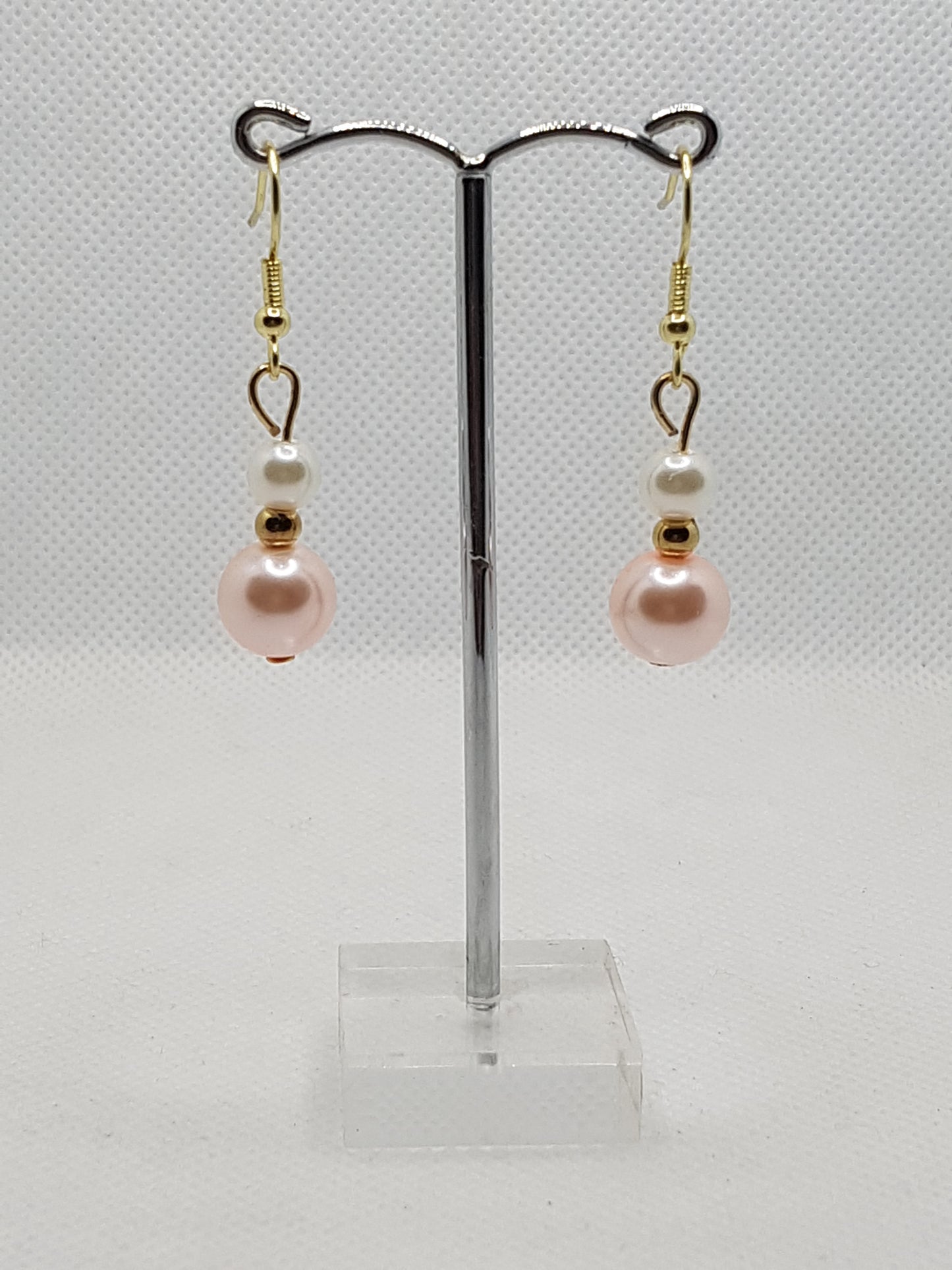 Gorgeous Medium Two-Toned Natural White and Shell Pink Double Drop Dangle Earrings with Gold plated Shepherds hooks and spacer 3