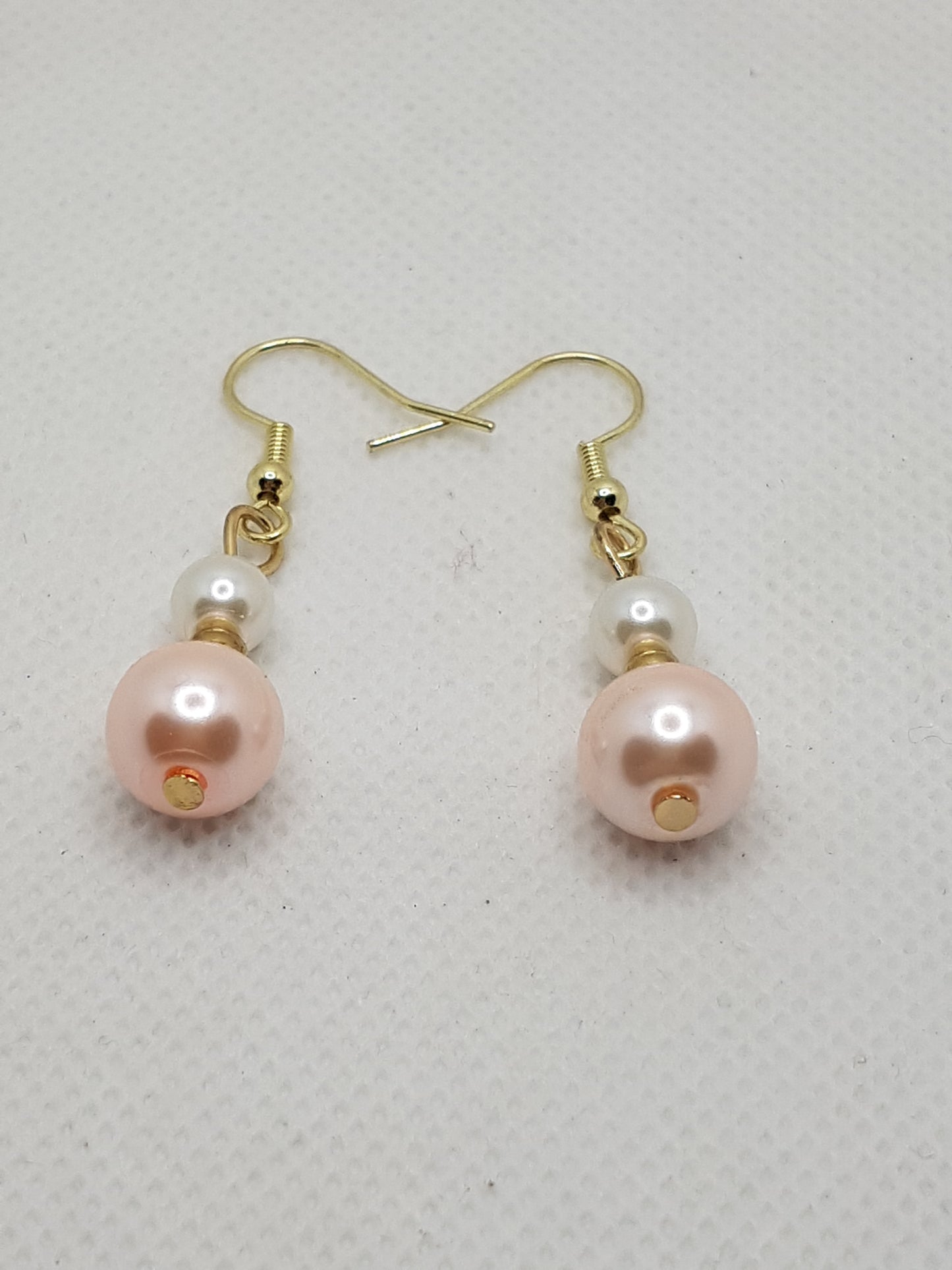 Gorgeous Medium Two-Toned Natural White and Shell Pink Double Drop Dangle Earrings with Gold plated Shepherds hooks and spacer 2