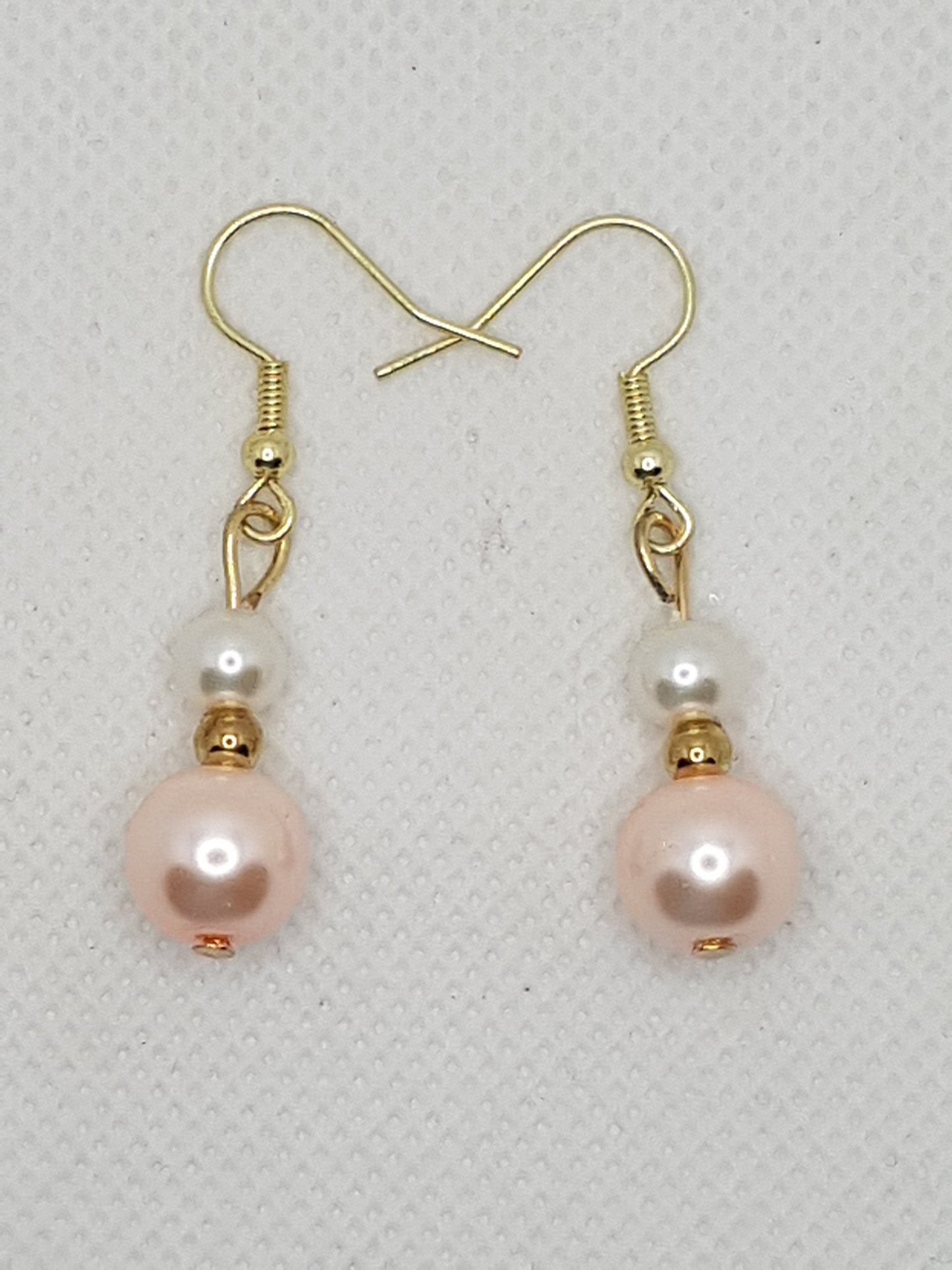 Gorgeous Medium Two-Toned Natural White and Shell Pink Double Drop Dangle Earrings with Gold plated Shepherds hooks and spacer