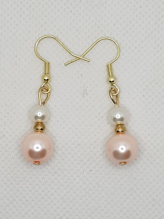 Gorgeous Medium Two-Toned Natural White and Shell Pink Double Drop Dangle Earrings with Gold plated Shepherds hooks and spacer