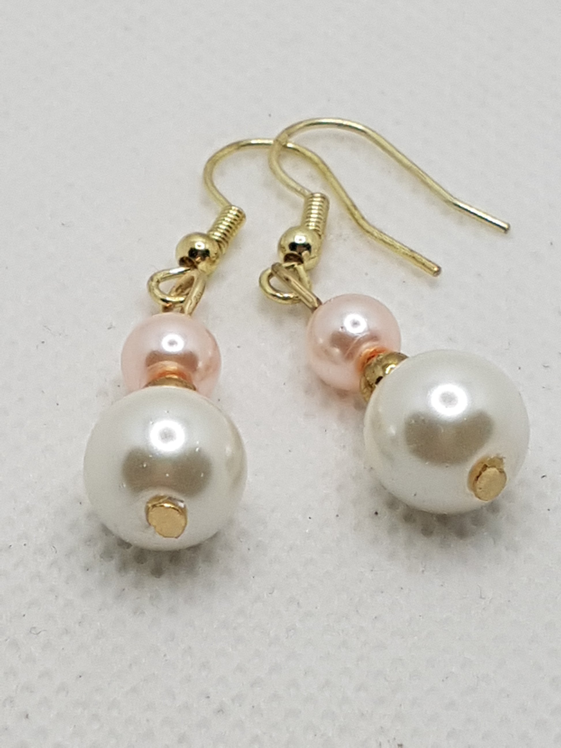 Gorgeous Medium Double Two Toned Pearls in Shell Pink and Natural White Drop Dangle Earrings with Gold plated Shepherds hooks and spacer 2