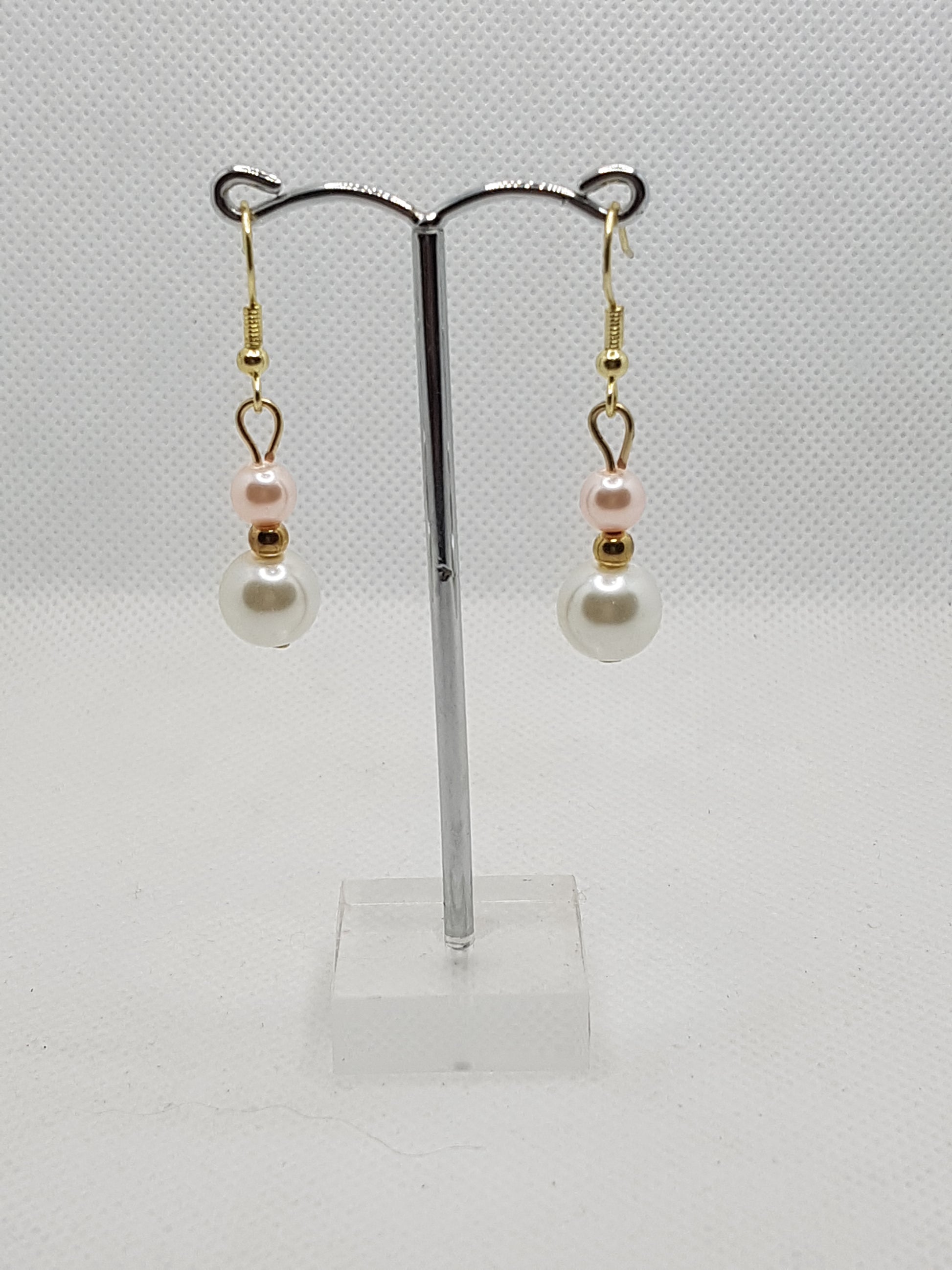 Gorgeous Medium Double Two Toned Pearls in Shell Pink and Natural White Drop Dangle Earrings with Gold plated Shepherds hooks and spacer 3