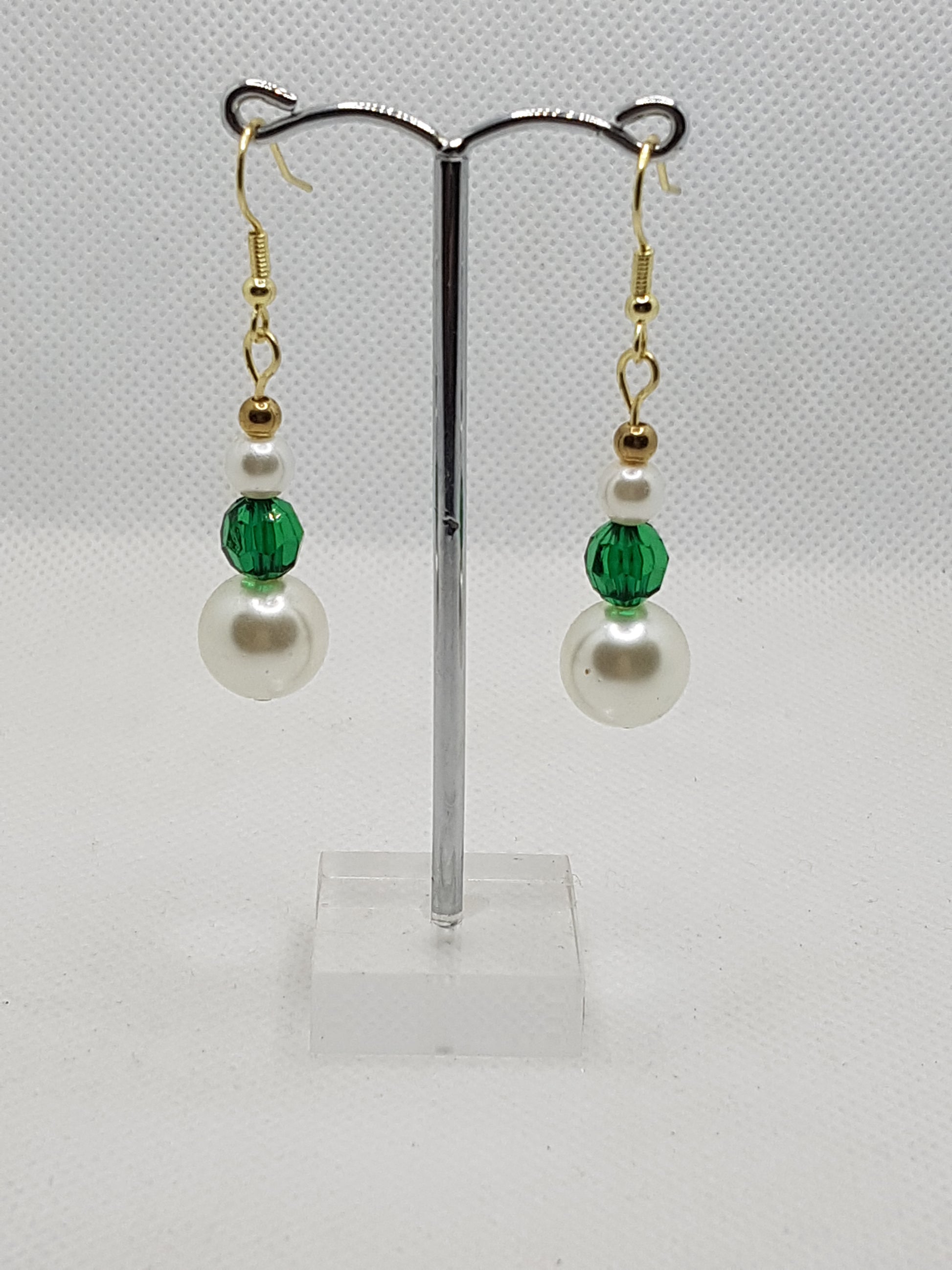 Double Natural White Pearl Drop Dangle Earrings with Green Glass Reeded Bead 3