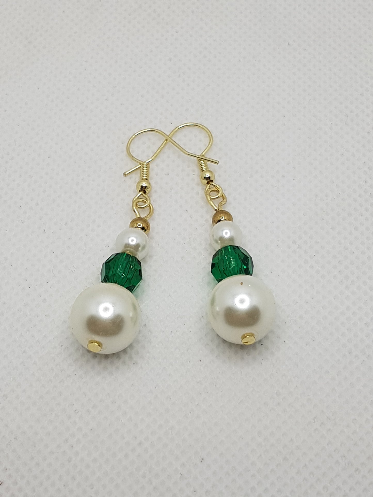 Double Natural White Pearl Drop Dangle Earrings with Green Glass Reeded Bead 2