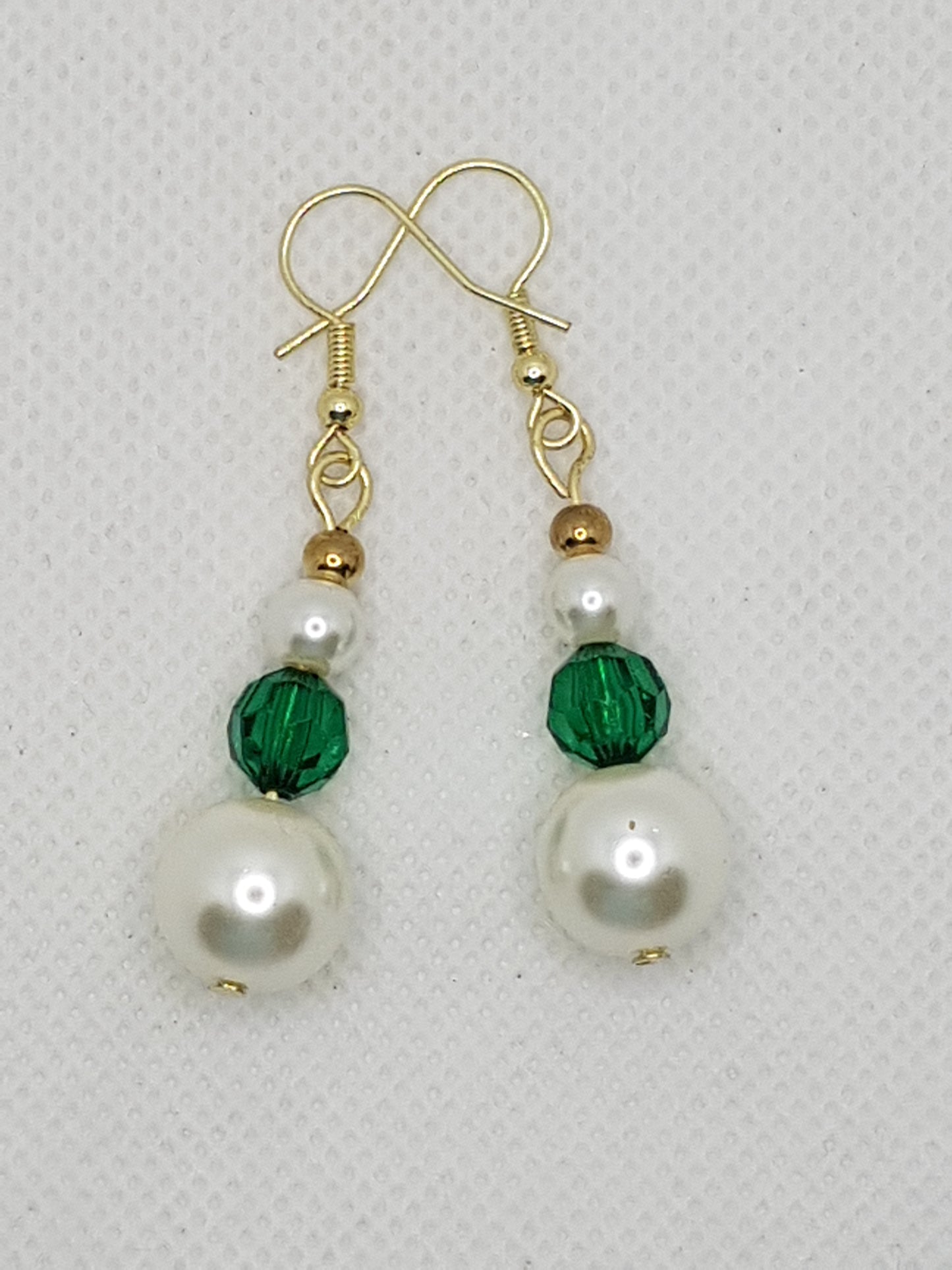 Double Natural White Pearl Drop Dangle Earrings with Green Glass Reeded Bead