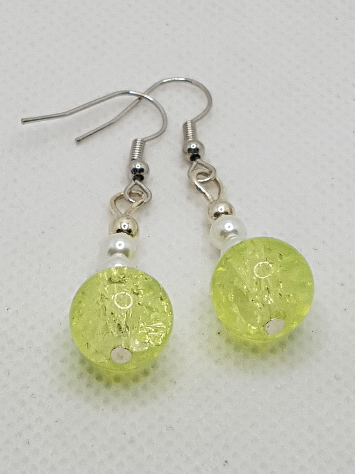 Chartreuse Crackle glass bead with Double Natural White Pearl Drop Dangle Earrings 2