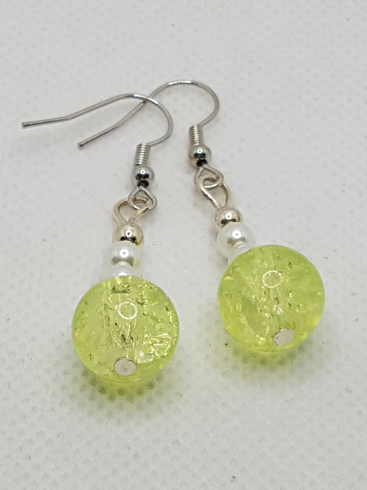 Chartreuse Crackle glass bead with Double Natural White Pearl Drop Dangle Earrings 2