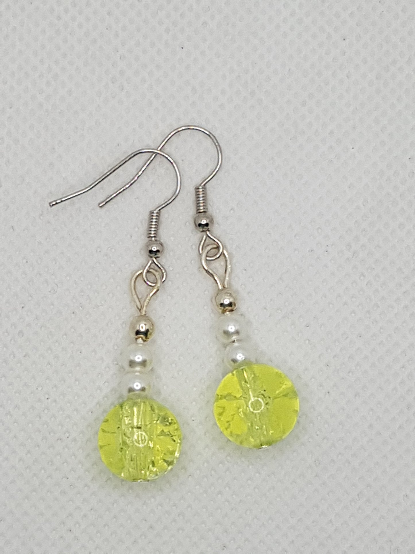 Chartreuse Crackle glass bead with Double Natural White Pearl Drop Dangle Earrings