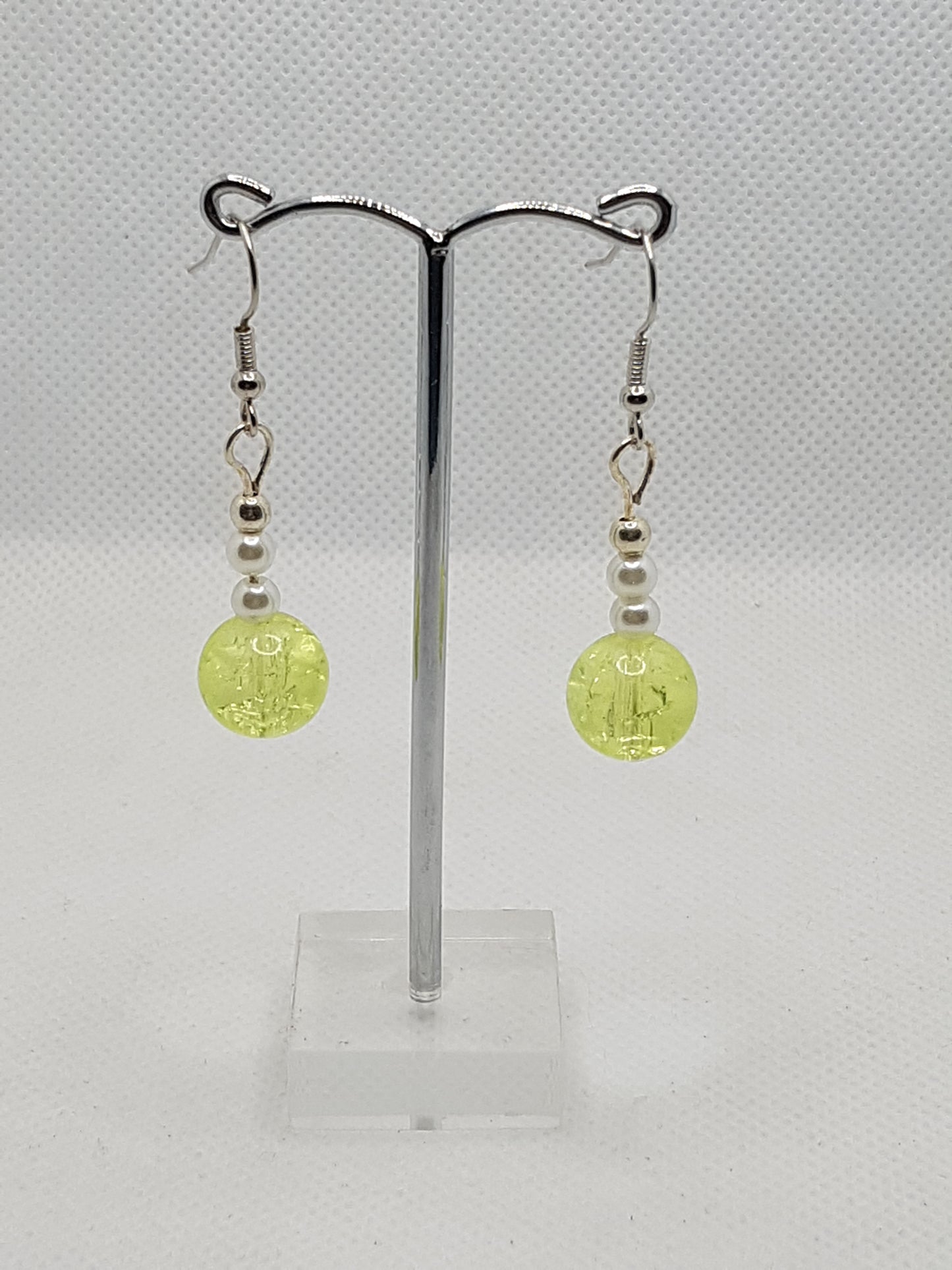 Chartreuse Crackle glass bead with Double Natural White Pearl Drop Dangle Earrings 3