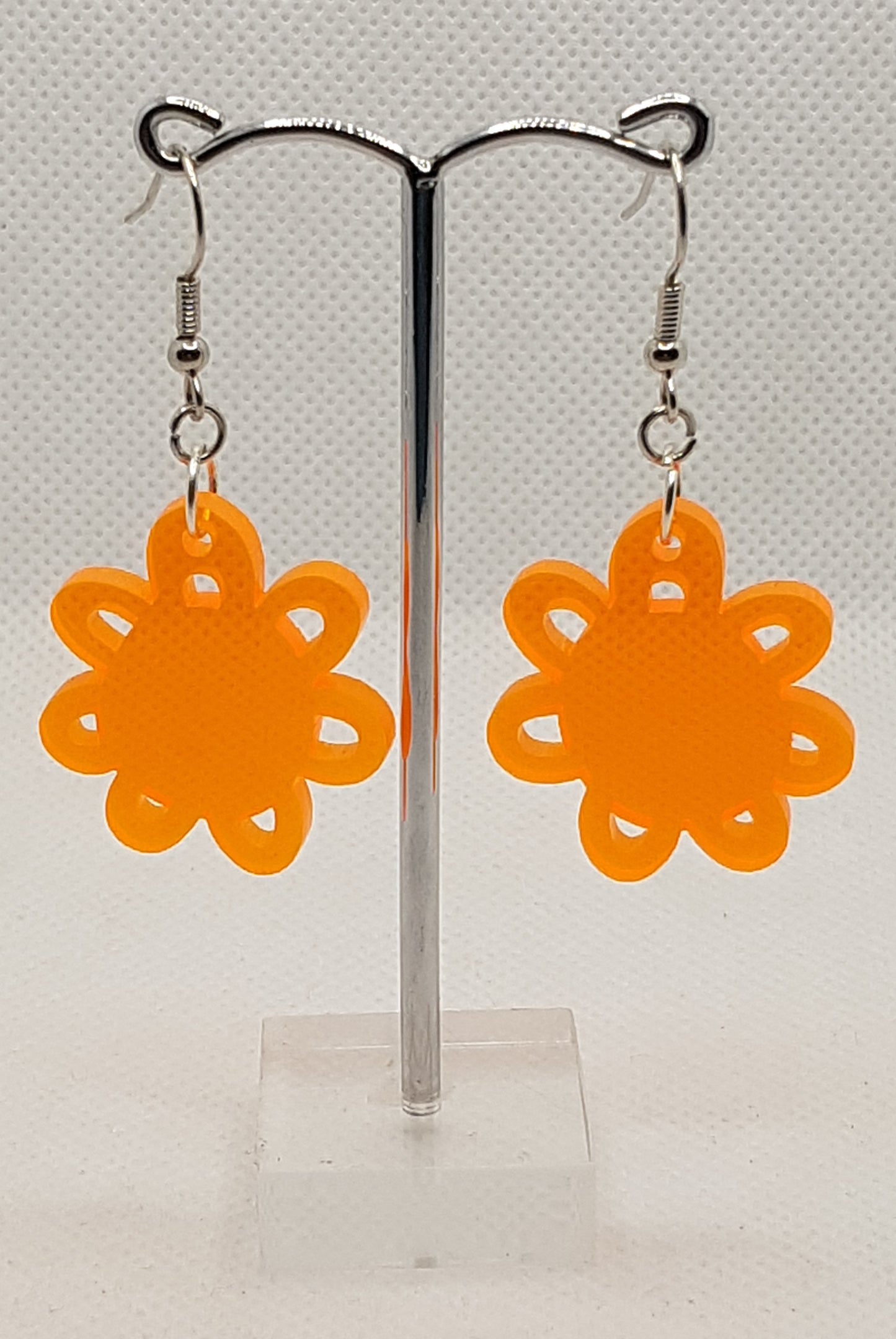 Acrylic Laser Cut Flower Earrings in Translucent Fluro Orange with Silver Plated Shepherd Hooks 3