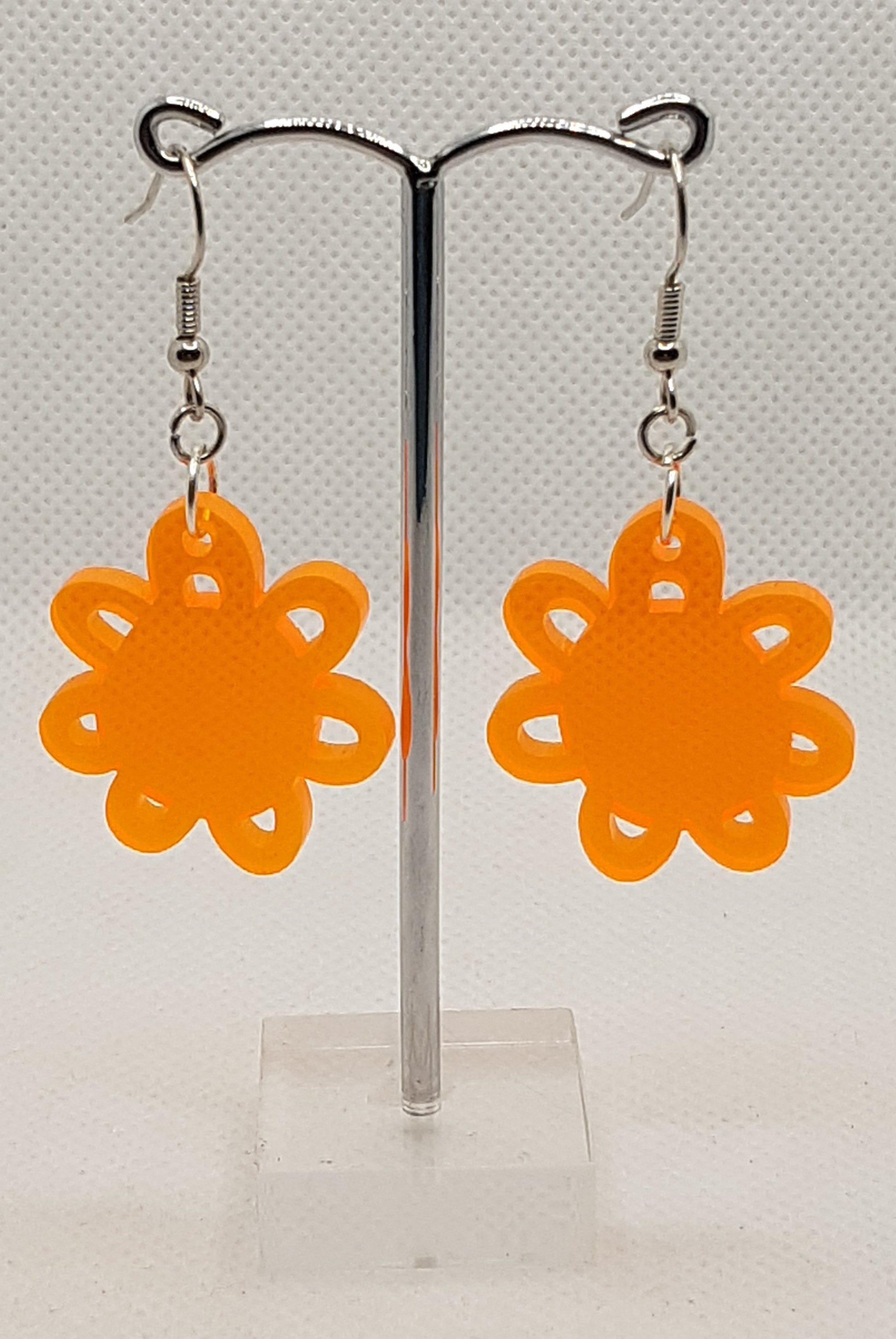 Acrylic Laser Cut Flower Earrings in Translucent Fluro Orange with Silver Plated Shepherd Hooks 3