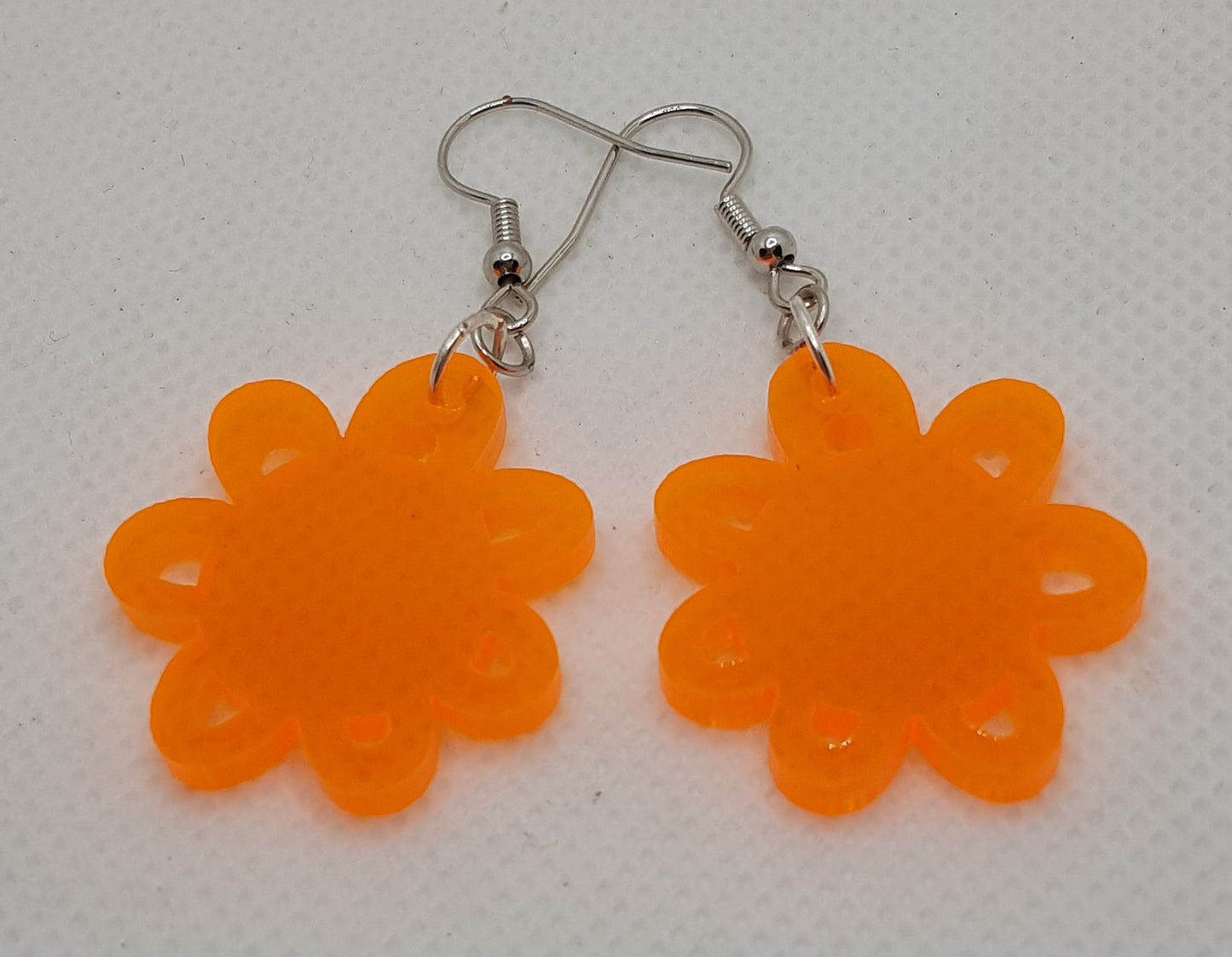 Acrylic Laser Cut Flower Earrings in Translucent Fluro Orange with Silver Plated Shepherd Hooks 2