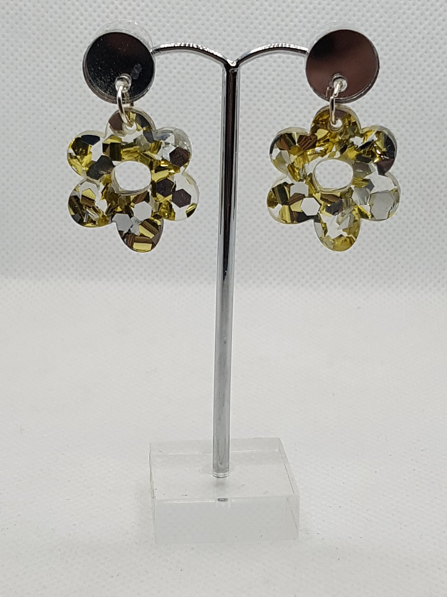 Chunky Glitter Acrylic Laser Cut Flower Earrings in Gold/Silver fleck with Silver Mirrored Round Topper and Surgical Stainless Steel Stud. 3