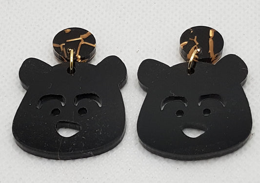 Laser Cut Bear Face Acrylic Earrings in Plain Black with Black Crackle Round Topper and Surgical Stainless Steel Stud.