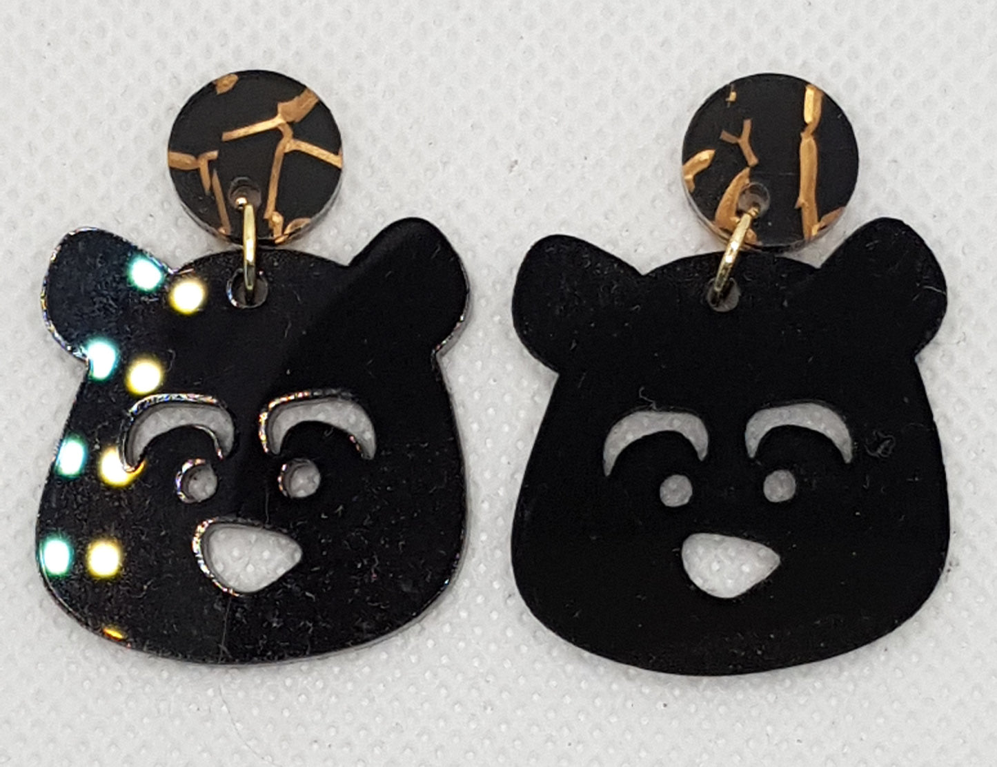 Laser Cut Bear Face Acrylic Earrings in Plain Black with Black Crackle Round Topper and Surgical Stainless Steel Stud. 2