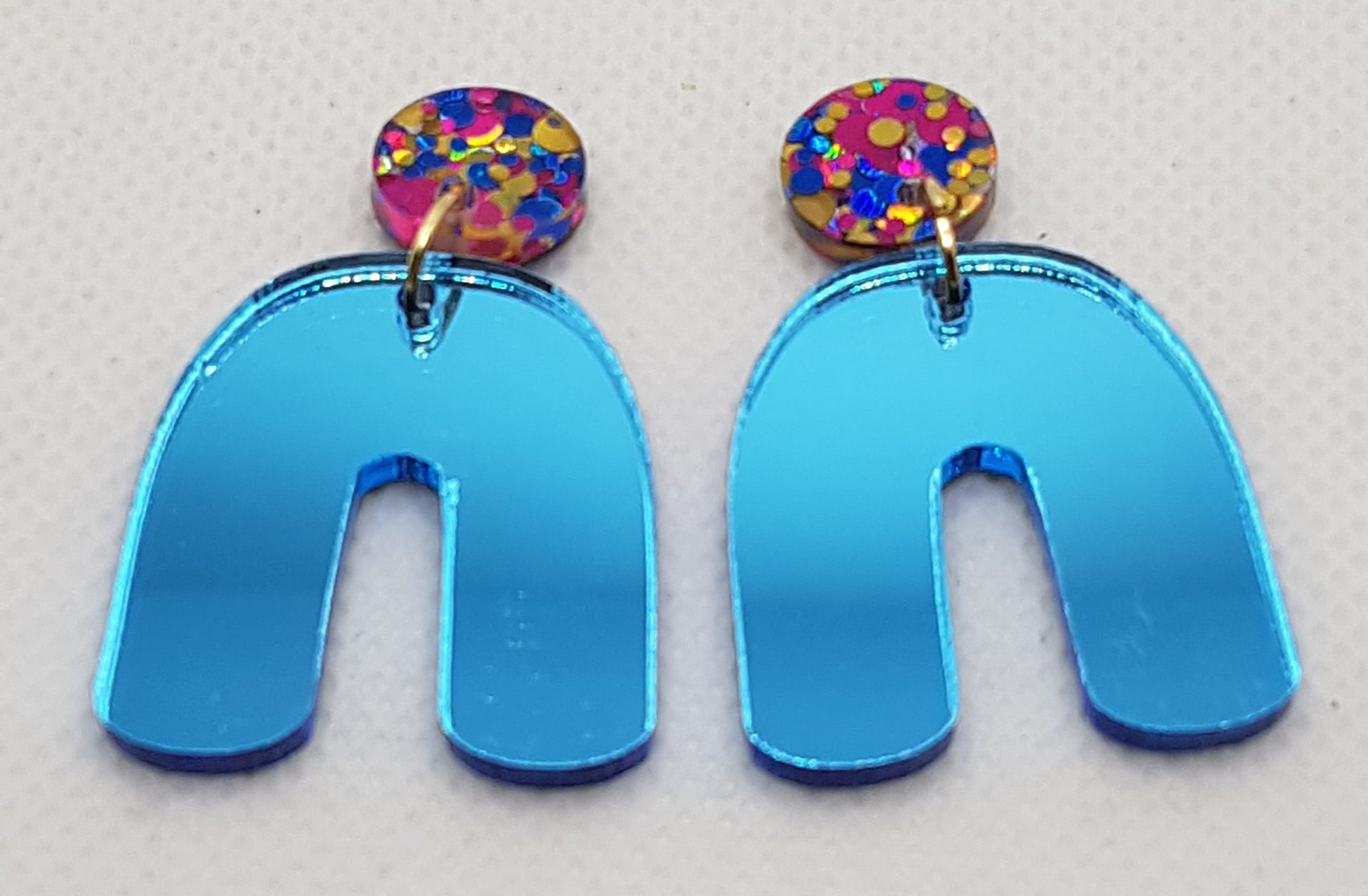 Mirrored Acrylic Laser Cut U Shape Earrings in Electric Blue with Rainbow Premiun Glitter Round Topper and Surgical Stainless Steel Stud 2