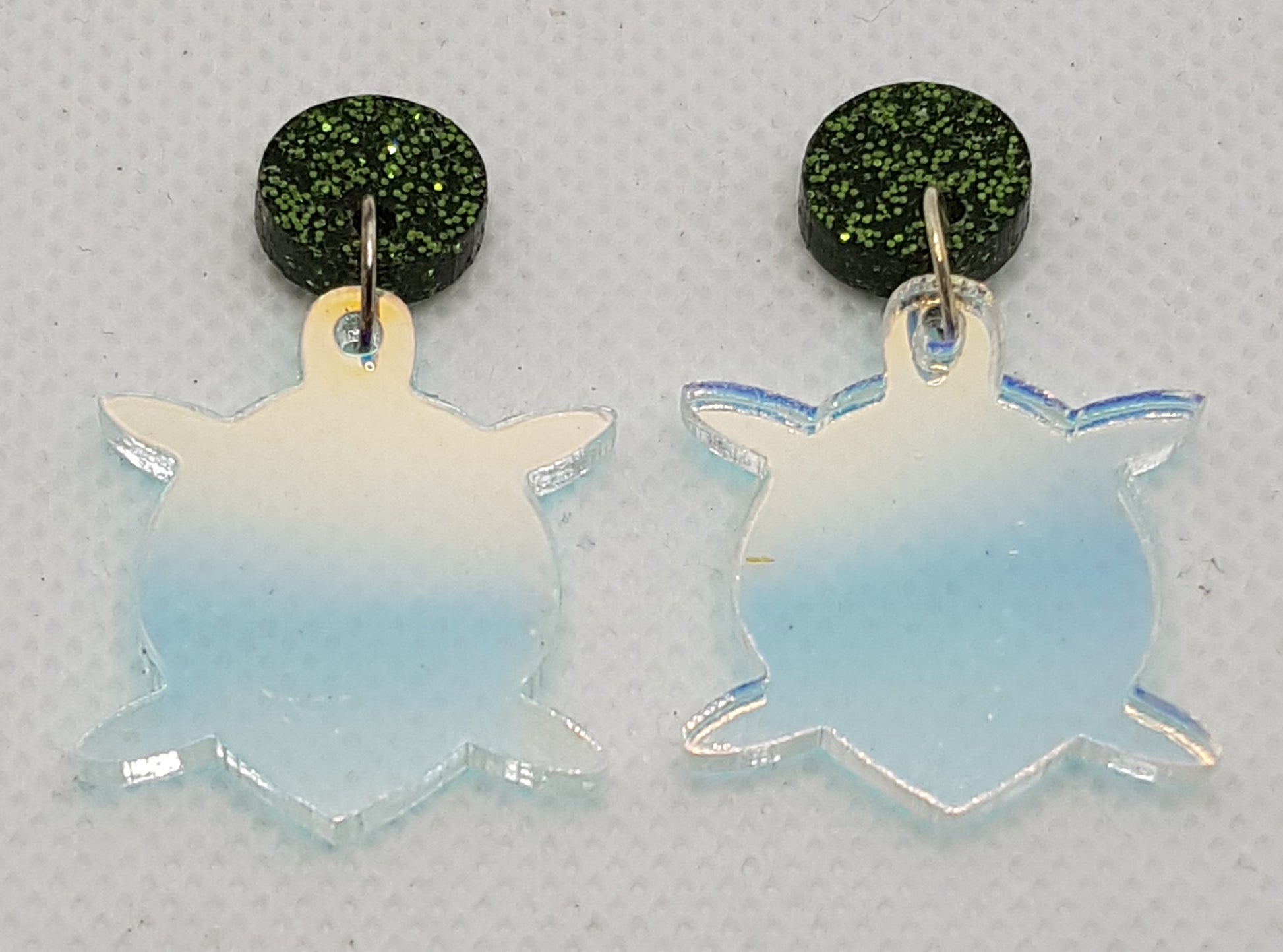 Iridescent Acrylic Laser Cut Turtle Earrings with Green Premium Glitter Round Topper and Surgical Stainless Steel Studs