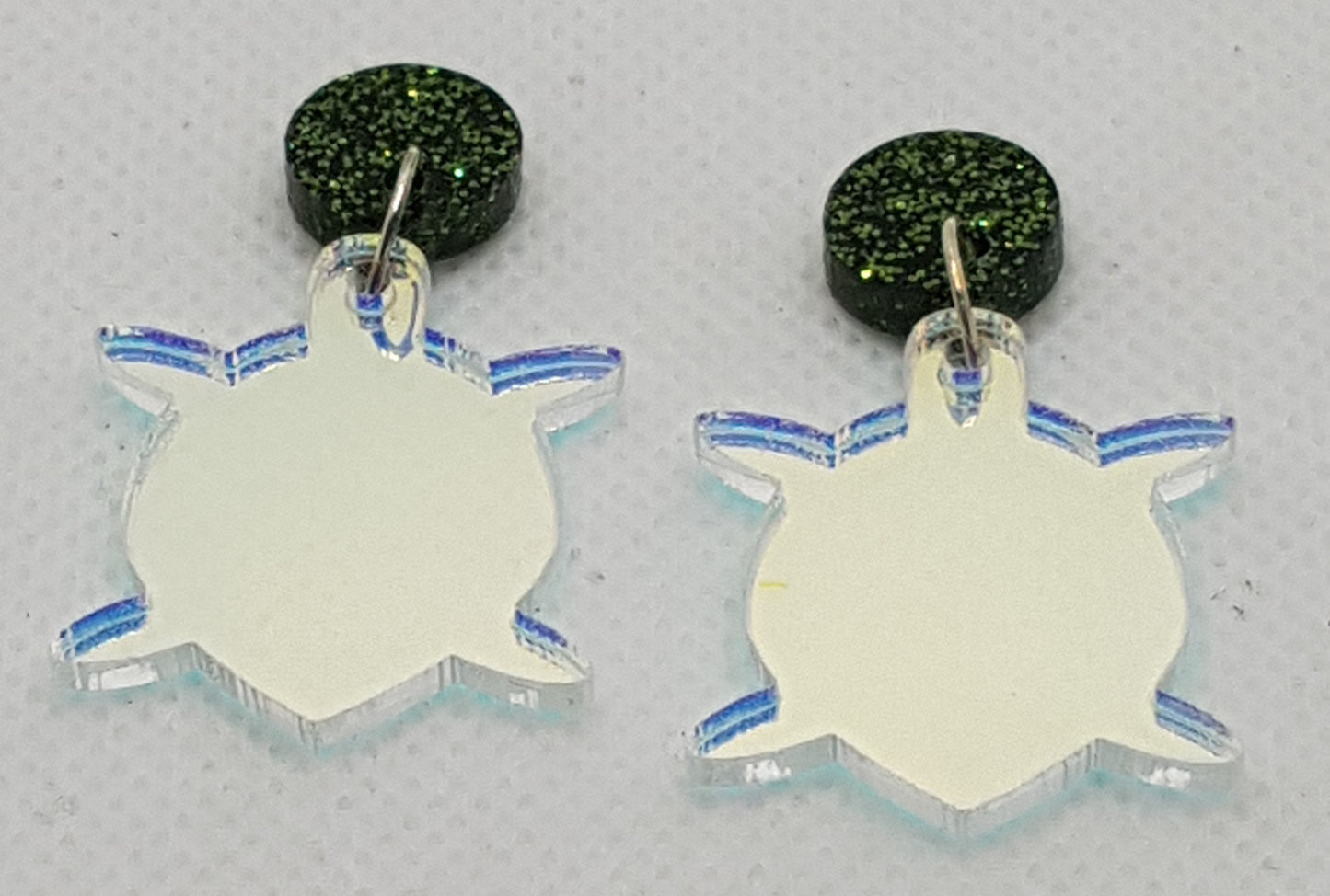 Iridescent Acrylic Laser Cut Turtle Earrings with Green Premium Glitter Round Topper and Surgical Stainless Steel Studs 2