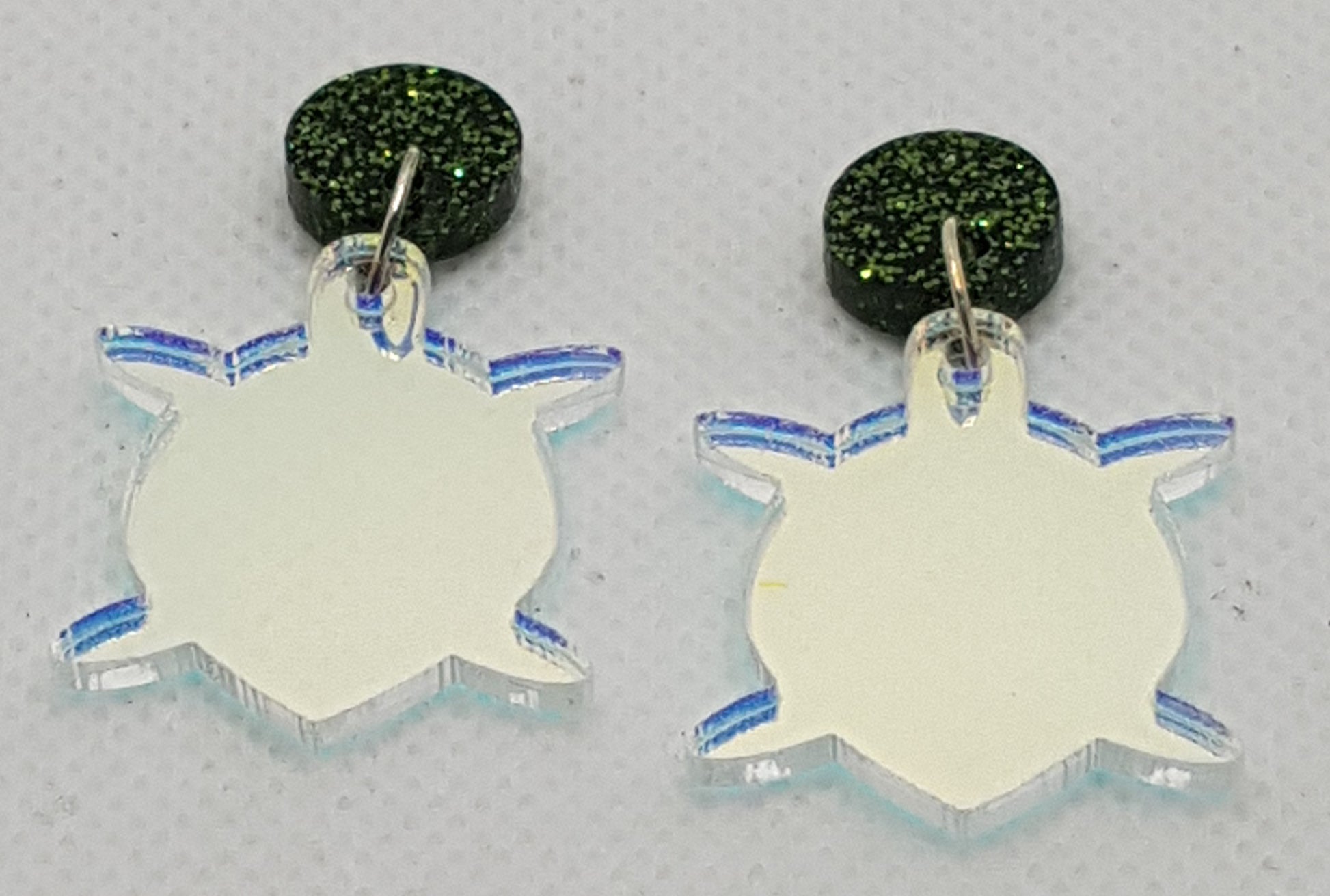 Iridescent Acrylic Laser Cut Turtle Earrings with Green Premium Glitter Round Topper and Surgical Stainless Steel Studs 2