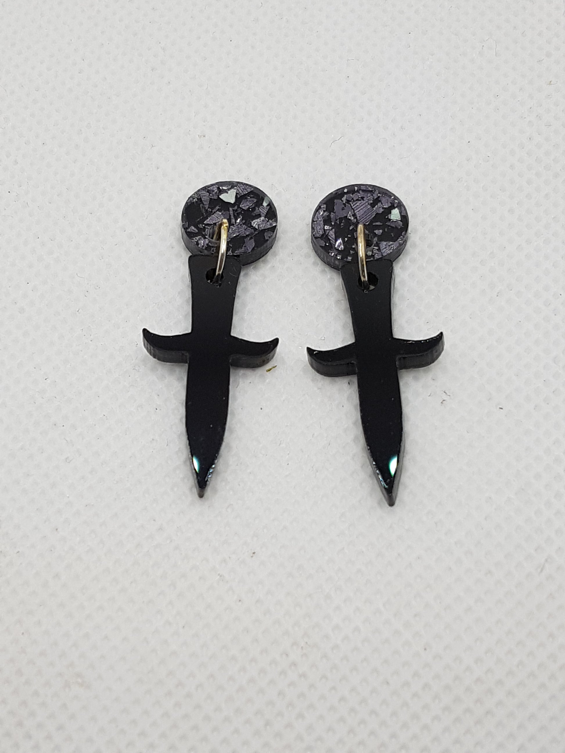 Black Gloss Dagger Acrylic Earrings with Black Glitter circular topper