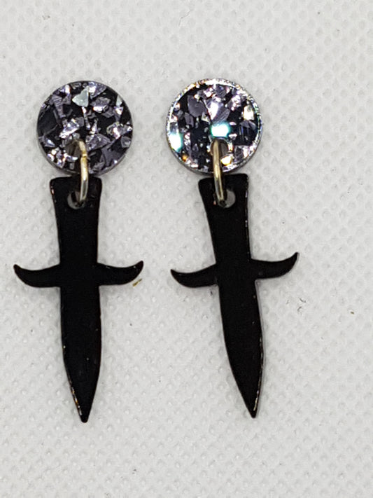 Black Gloss Dagger Acrylic Earrings with Black Glitter circular topper