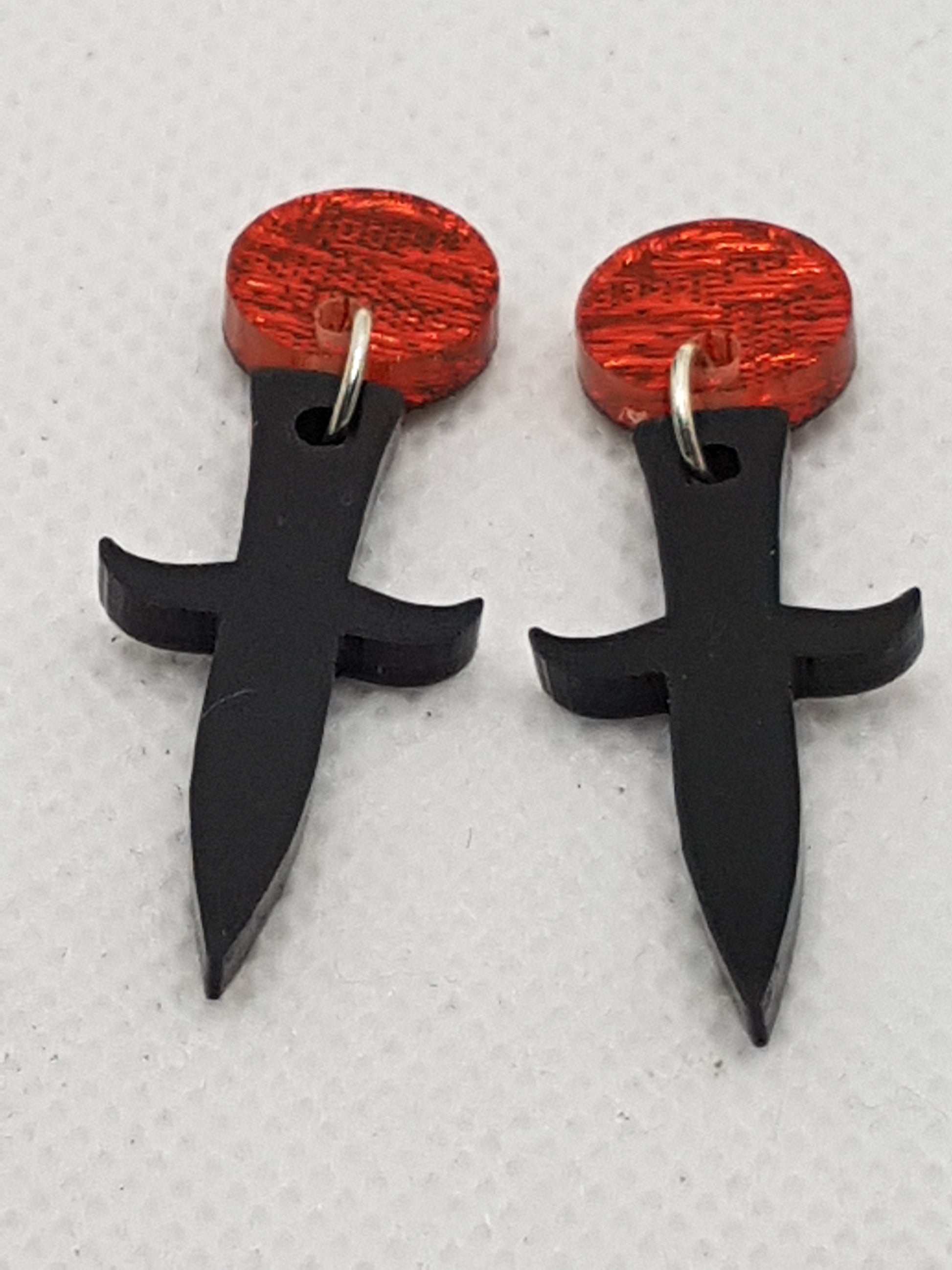 Black Gloss Dagger Acrylic Earrings with Red Pearlescent circular topper