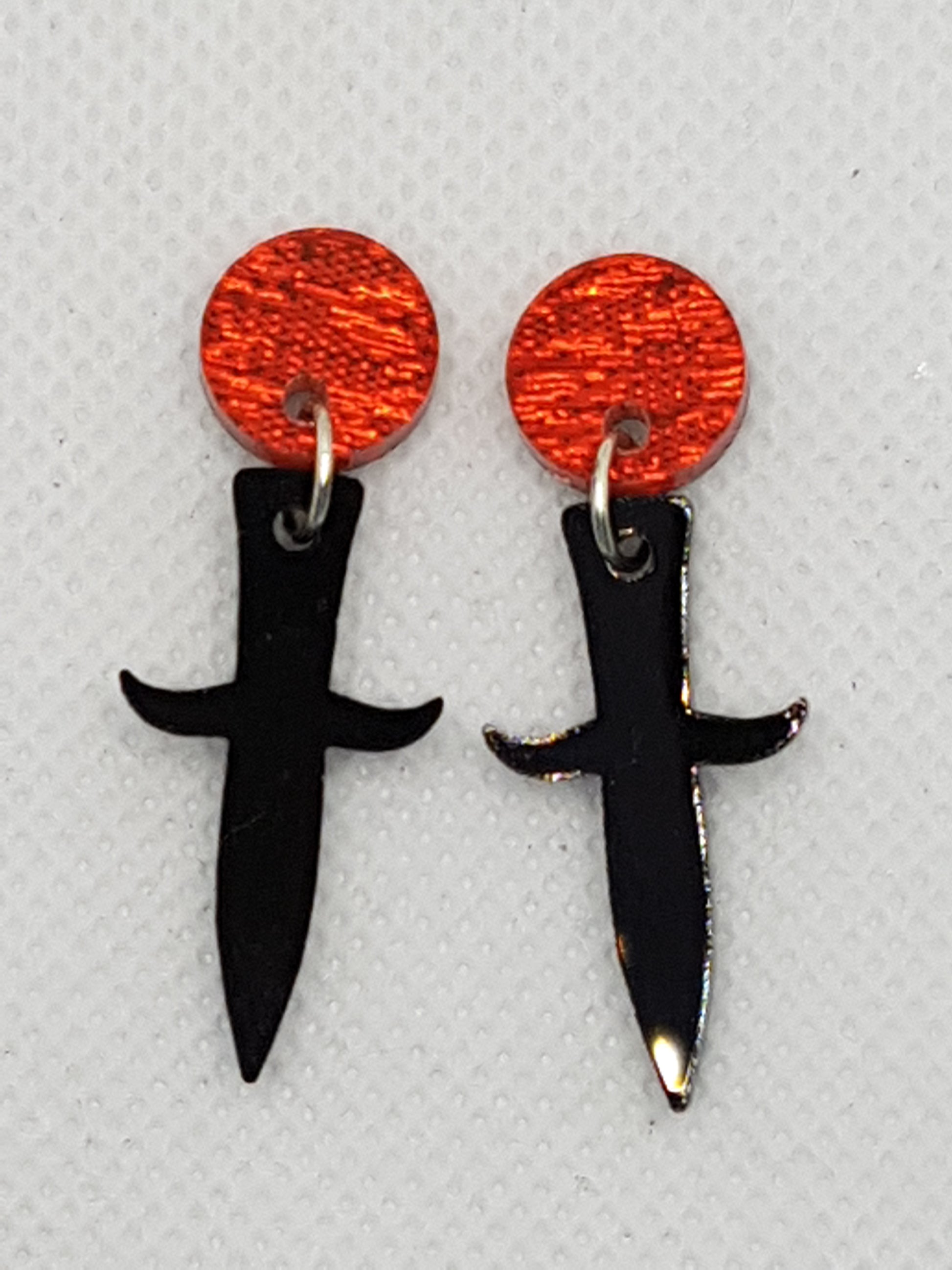 Black Gloss Dagger Acrylic Earrings with Red Pearlescent circular topper