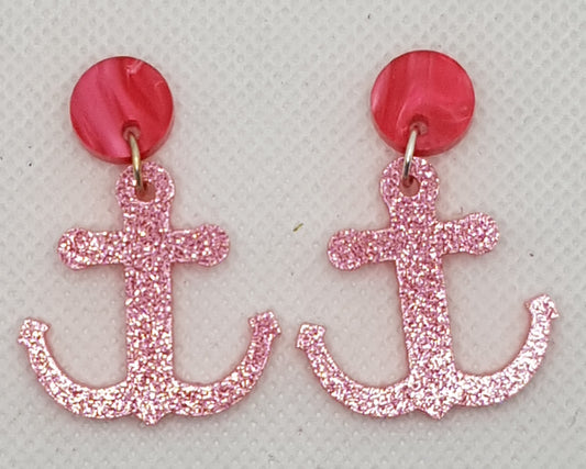 Pink Glitter Acrylic Laser Cut Anchor Earrings with Hot Pink Pearlescent Round Topper and Surgical Stainless Steel Stud