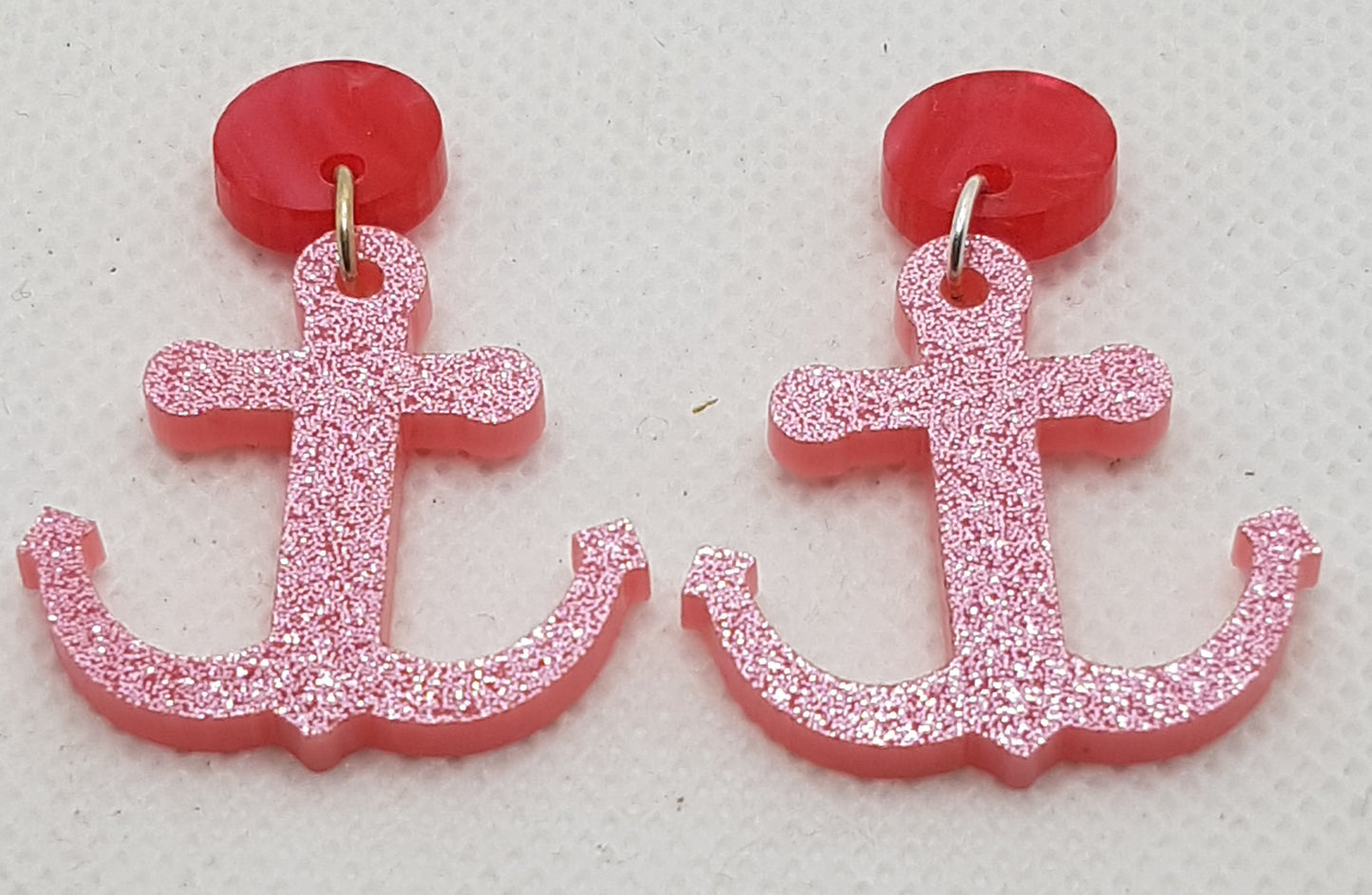 Pink Glitter Acrylic Laser Cut Anchor Earrings with Hot Pink Pearlescent Round Topper and Surgical Stainless Steel Stud 2