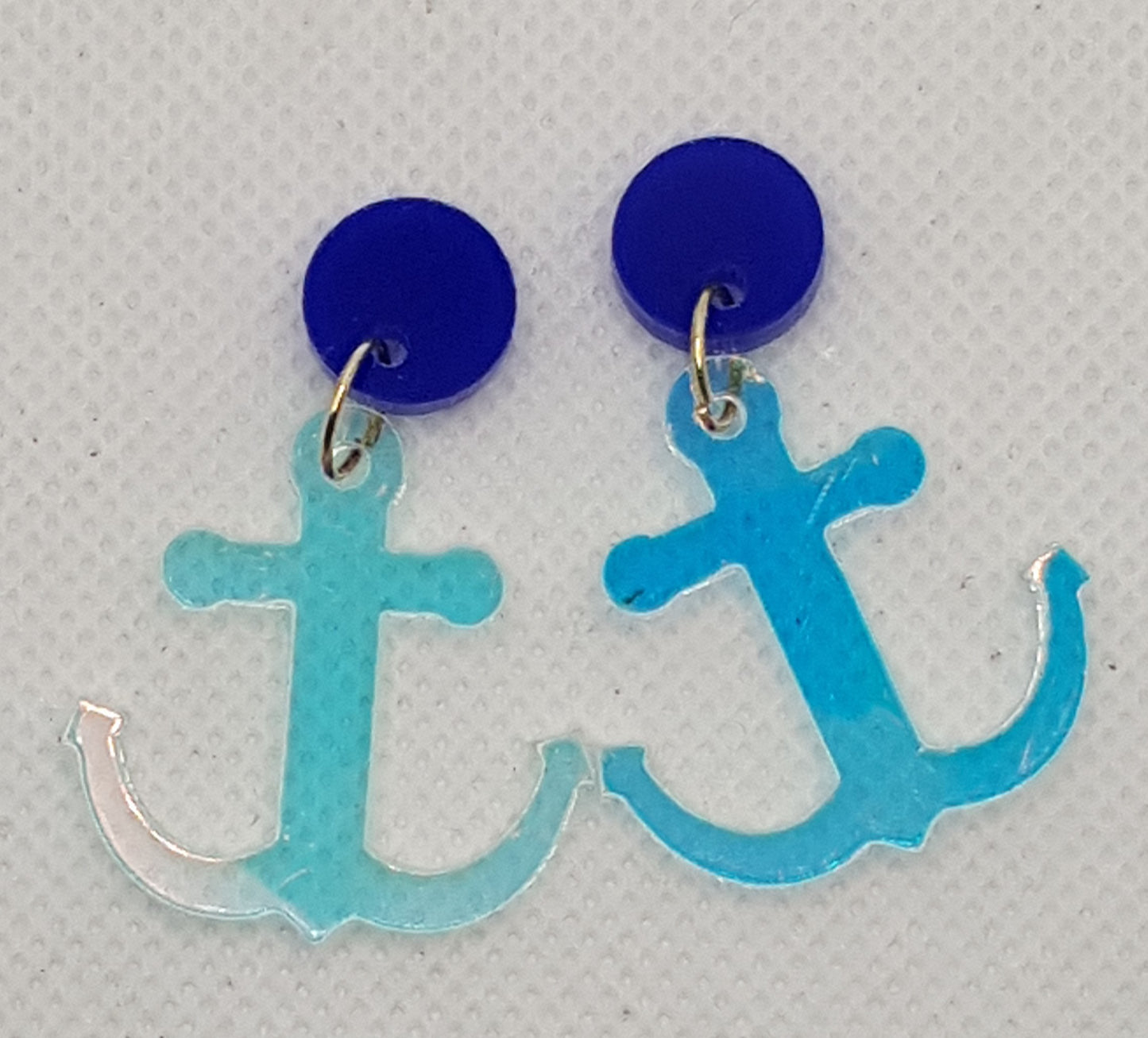 Iridescent Acrylic Laser Cut Anchor Earrings with plain Marine Blue Round Topper and Surgical Stainless Steel Stud 2