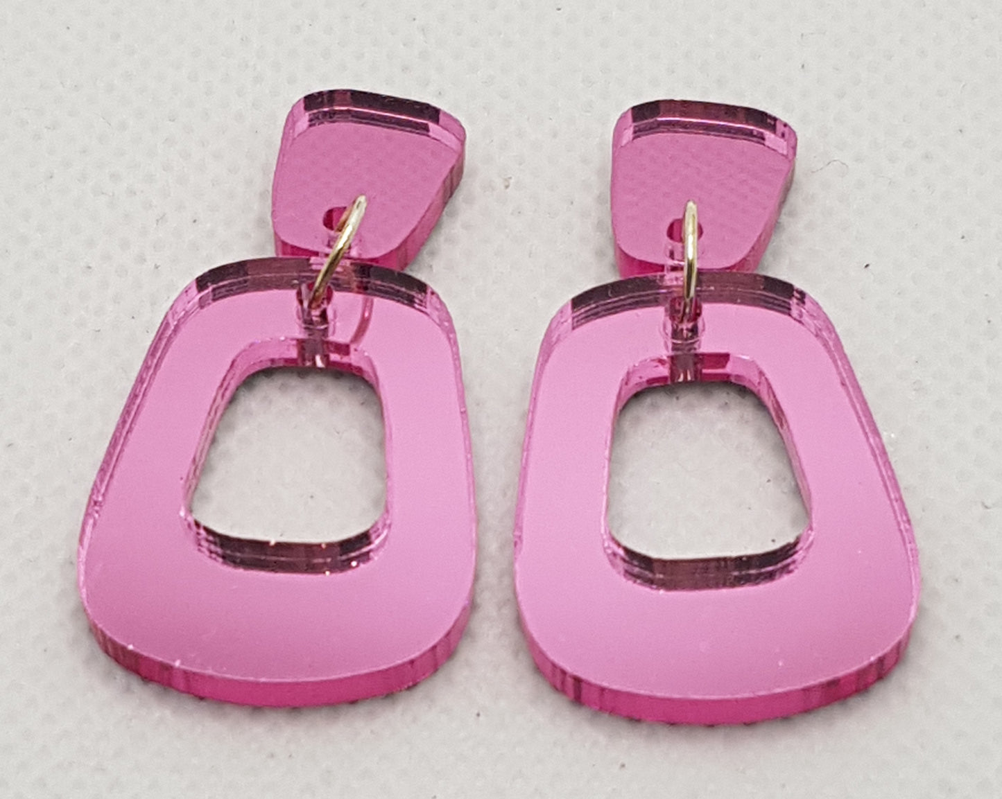 Acrylic Laser Cut Modern Organic Drop Earrings in Pink Mirror with Matching Round Topper and Surgical Stainless Steel Stud