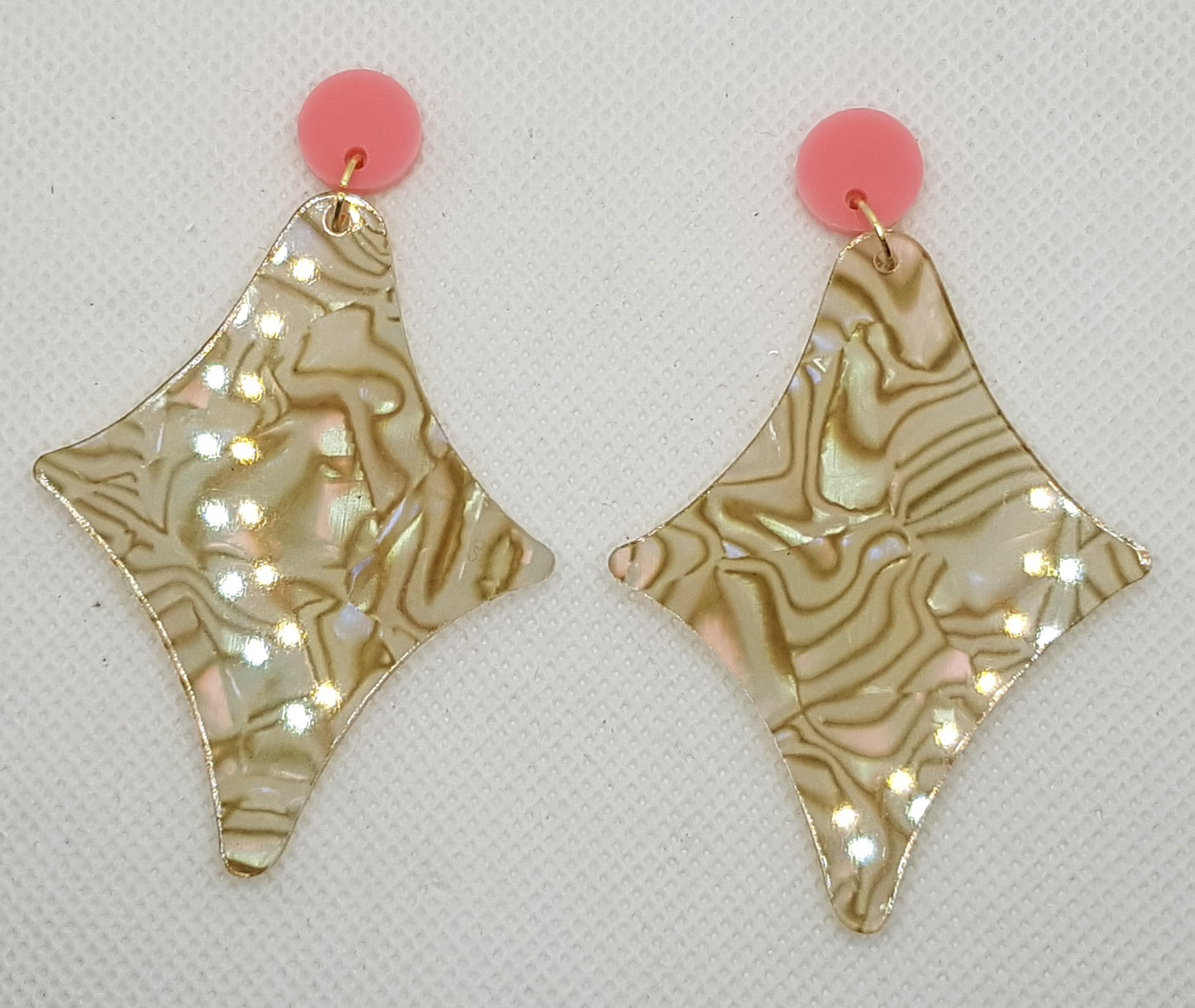 Large Acrylic Laser Cut Organic Diamond Earrings  in Sand Organic Swirls with Musk Pink Round Topper and Surgical Stainless Steel Stud